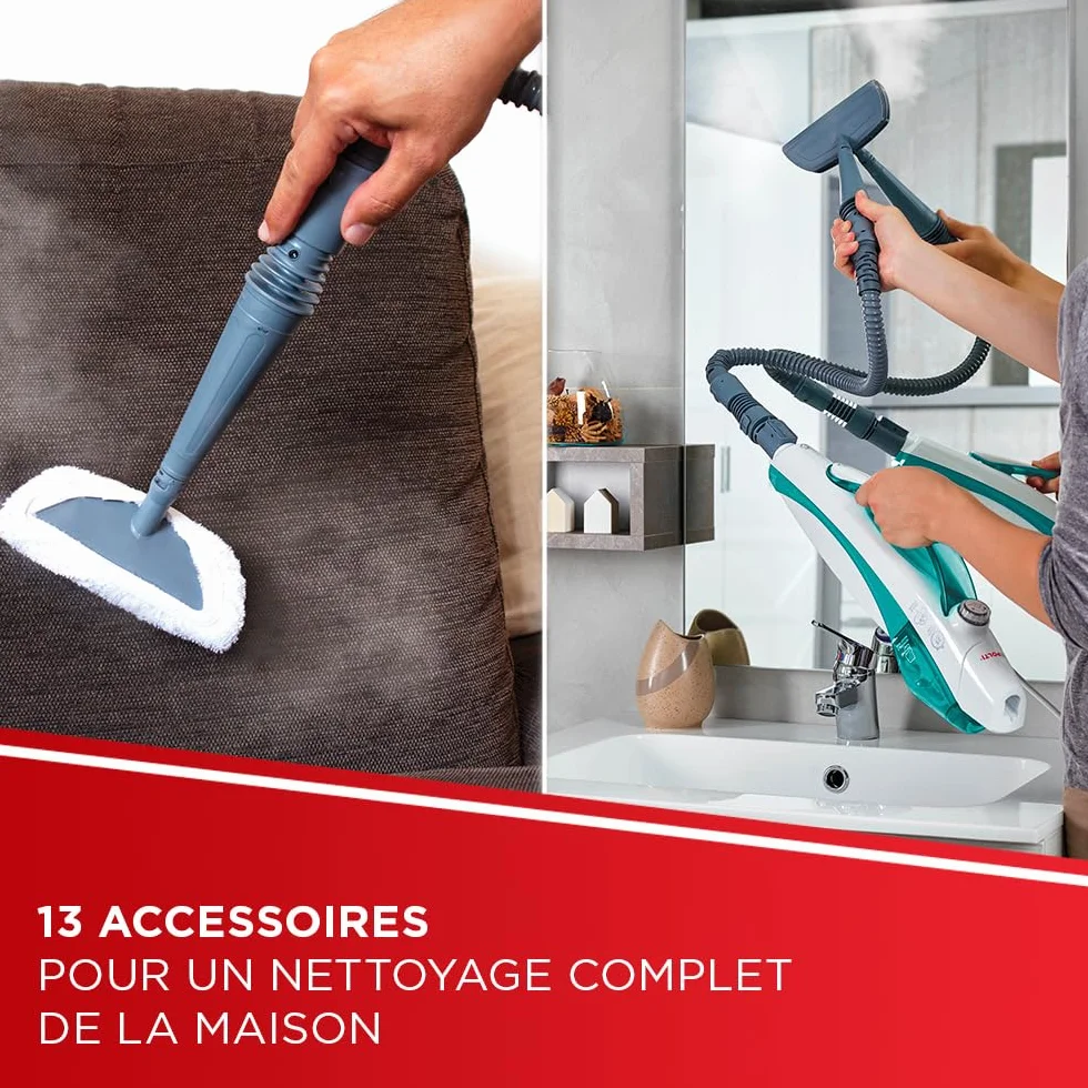 Polti Vaporetto SV450 Double Balai Vapeur 2-en-1 13 Accessoires Réservoir 0,3 L Bleu Clair Blanc
