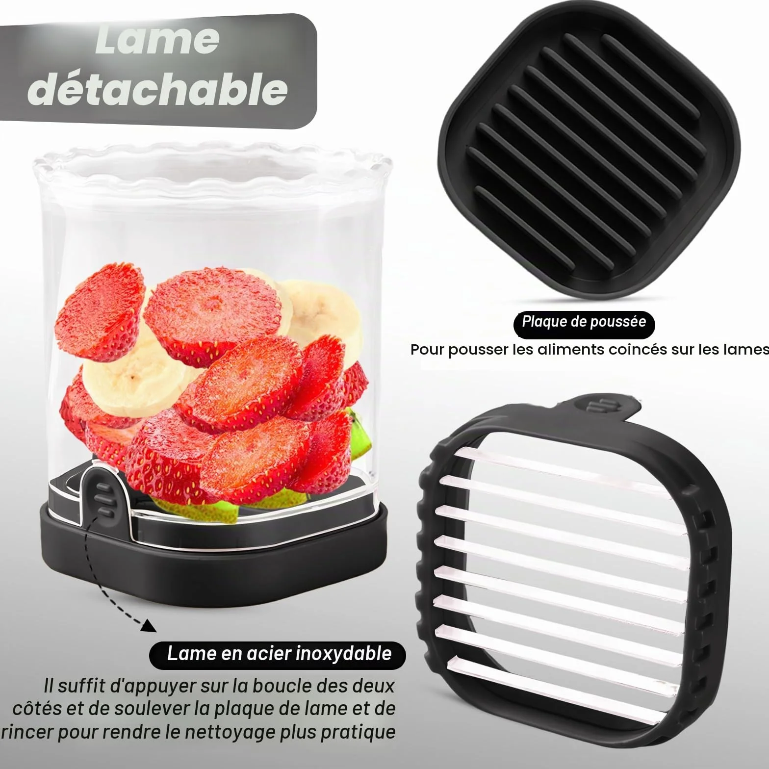 Coupe-fruits amovible avec plaque de poussée Trancheuse à fraises banane œufs Gadget de cuisine (noir)