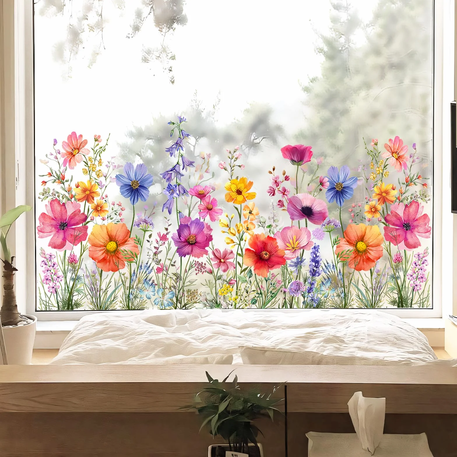 Tanlaby Autocollants Fenetre Fleurs Printemps Anti-Collision Réutilisables Statiques Double Face