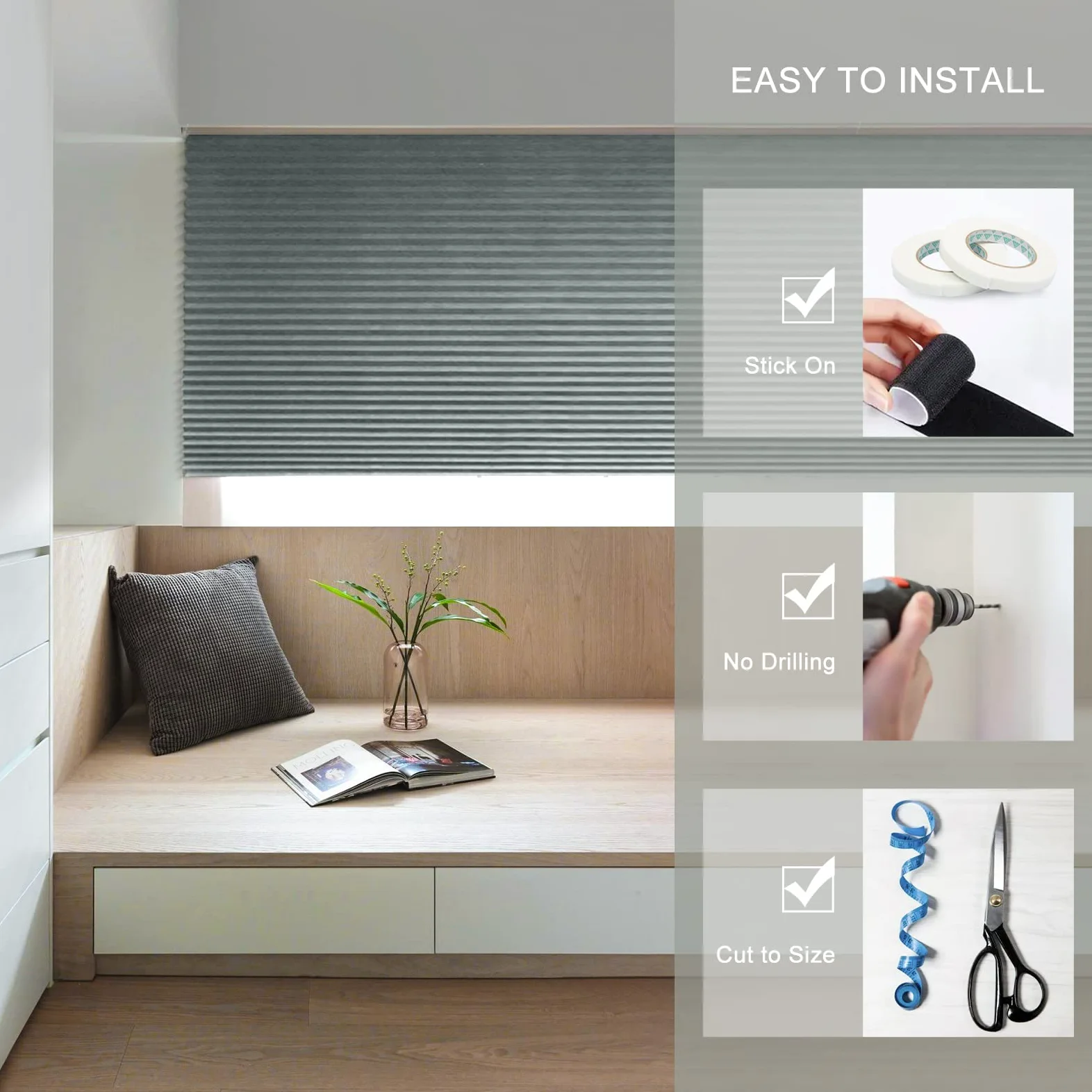 Stores de fenêtre sans perçage à clipser, stores de fenêtre à coller, stores plissés auto-adhésifs sans vis pour salle de bain, filtrage de la lumière et protection de la vie privée, stores plissés s