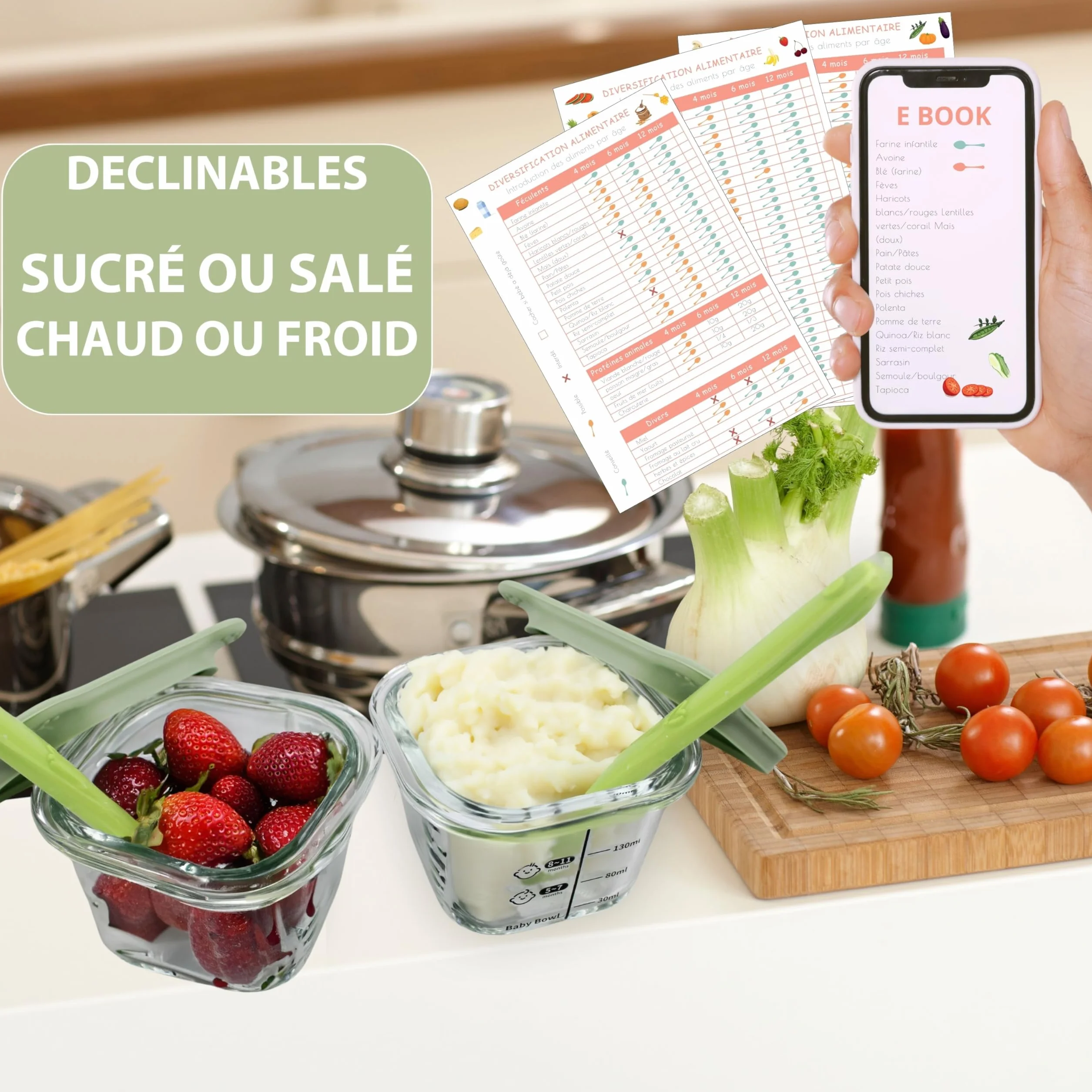 HELLO HIPPO® Lots de 6 Petit Pots en verre Bébé 160ml - Idéaux pour Compotes, Purées et Fruits, Hermétiques et Pratiques avec Graduation, Cuillère Incluse