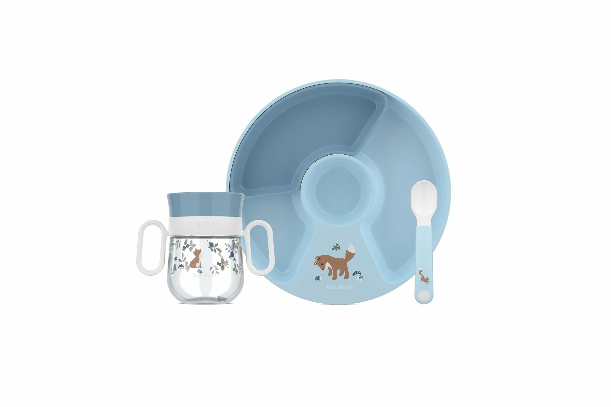 Mepal Ensemble de vaisselle bébé 3 pièces Mio Little Dutch - Tasse à bec, assiette, cuillère - Va au lave-vaisselle, sans BPA Forest Friends