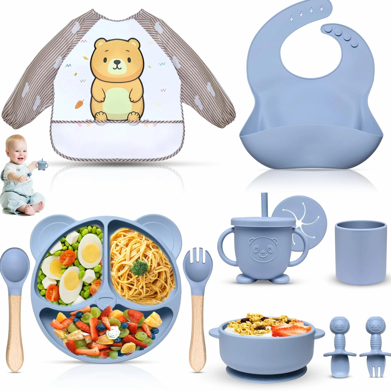 Assiette bebe Set 11 Pièces Coffret Repas Bebe Silicone Vaisselle Assiette ventouse Bavoir Cuillère Enfant Couverts Sevrage Manger Bleu