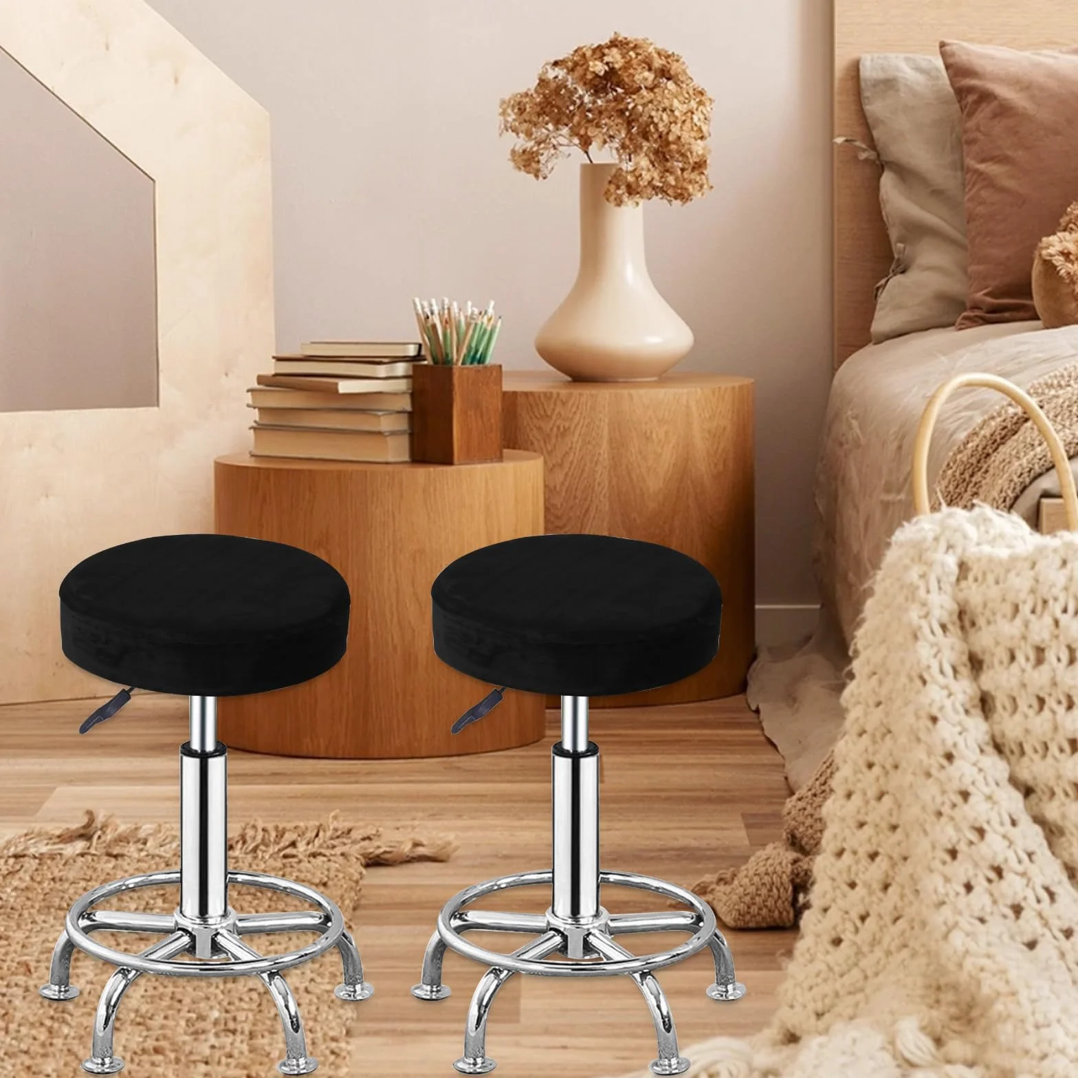 Housse Tabouret Rond Noir 30-40cm Extensible Lavable 2 Pièces pour Bar Restaurant