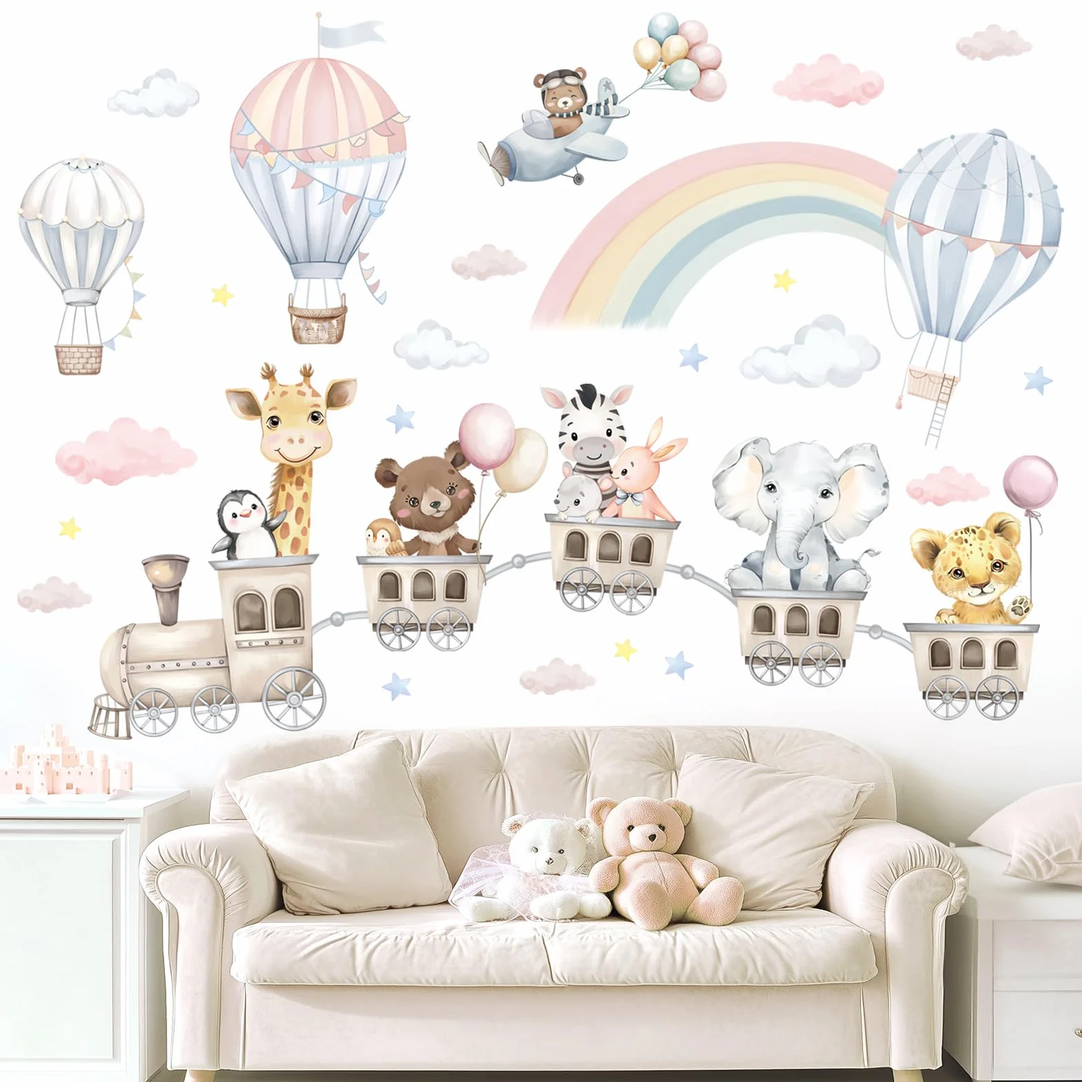 Stickers Muraux Enfant Train des Animaux Aquarelle Décoration Murale Pastel Autocollants Amovibles Chambre Bébé