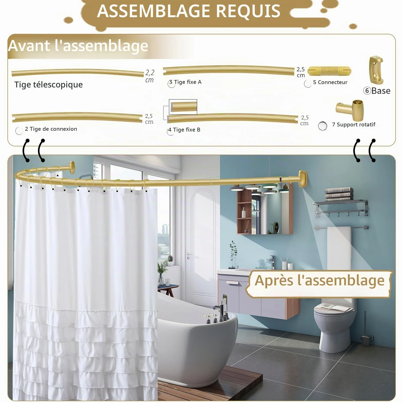 YNL Tringle à rideau de douche incurvée de 90 à 208 cm (2,5 à 2,5 m), ronde dorée et antirouille, pour salle de bain, baignoire, réglable, ne rouille pas, espace supplémentaire, antidérapante