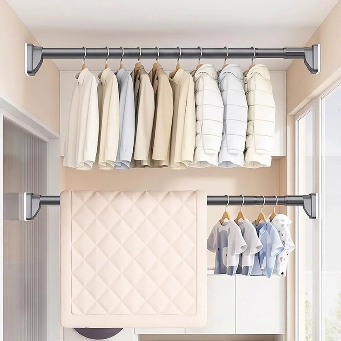 Tringle de Rideau de Douche Réglable Barre Télescopique Extensible 40-250 cm Tringle à Rideaux Tension Sans Percage pour Salle de Bain Cuisine(Blanc,1.1-2.0m/43in-79in)