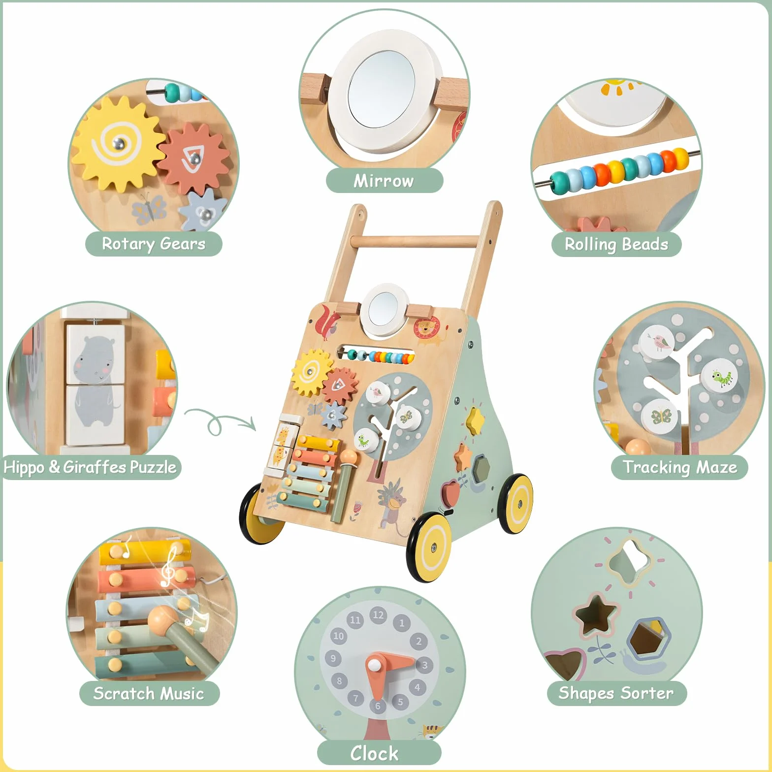 Trotteur Bébé en Bois, Chariot de Marche, Jouet Centre d'Activité pour Enfant