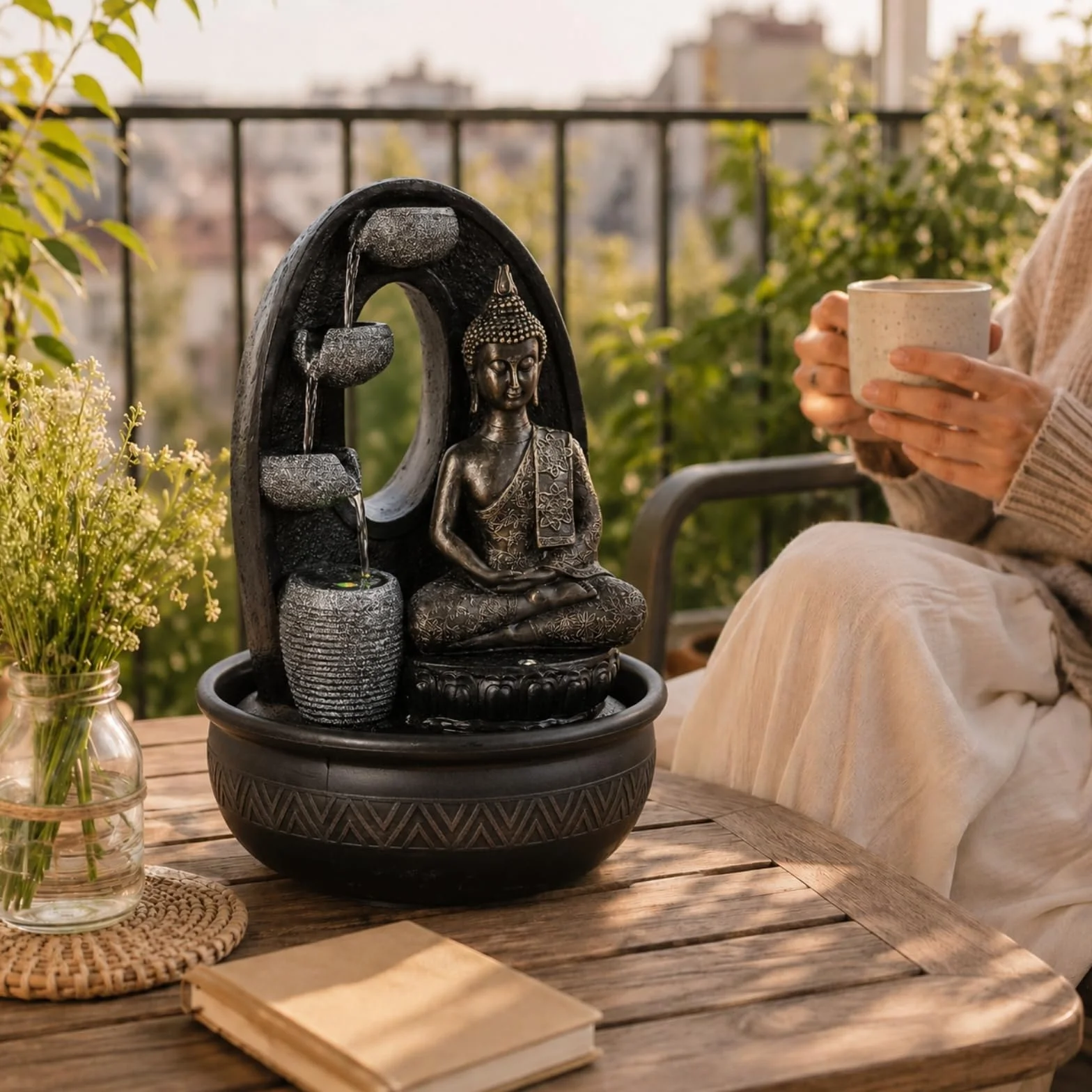 Fontaine d’Intérieur Bouddha Harmonie 40cm avec Éclairages LED et Pompe Silencieuse