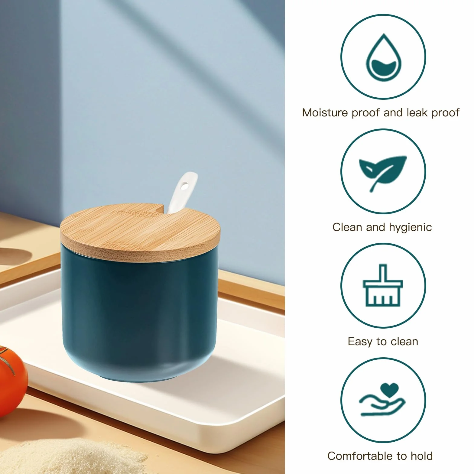 Salière en céramique avec couvercle en bois et cuillère, vert émeraude, récipient à sel moderne pour cuisine et table