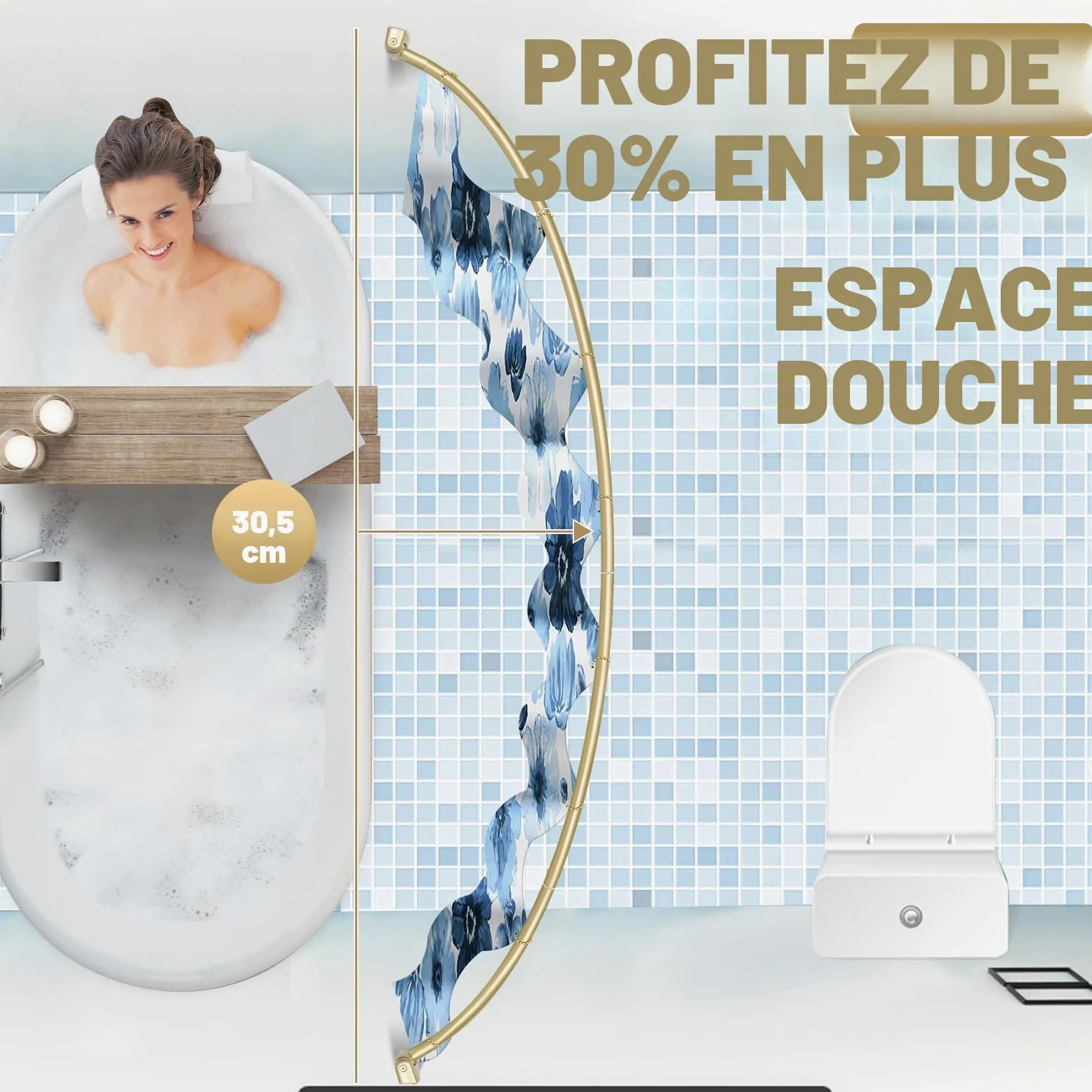 YNL Tringle à rideau de douche incurvée de 90 à 208 cm (2,5 à 2,5 m), ronde dorée et antirouille, pour salle de bain, baignoire, réglable, ne rouille pas, espace supplémentaire, antidérapante