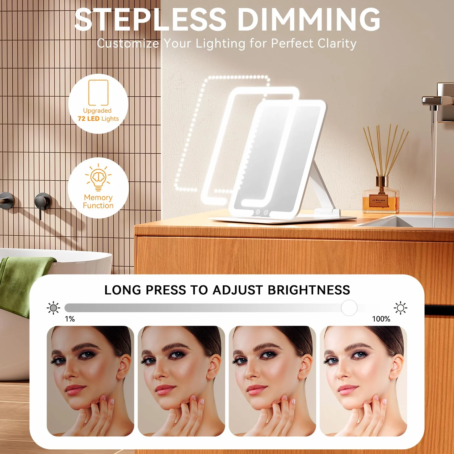 Auxmir Miroir Maquillage Lumineux Rechargeable 72 LED Pliable, Commande Tactile, 3 Couleurs Intensité Réglable Blanc
