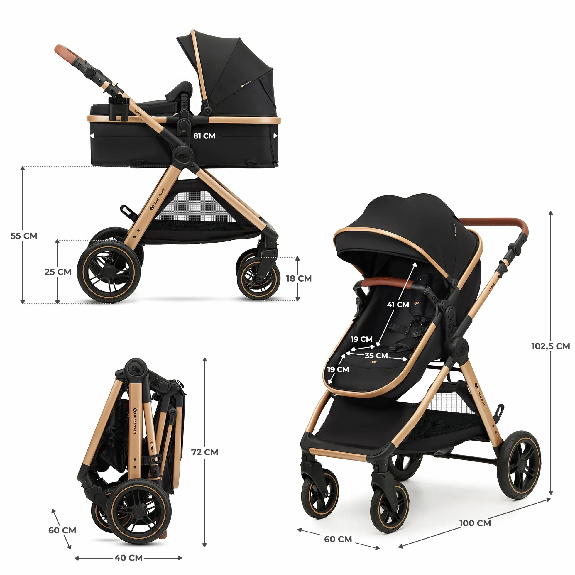 Kinderkraft ESME Poussette 3 en 1 avec porte-bébé Mink PRO I-Size, système de voyage, Noir