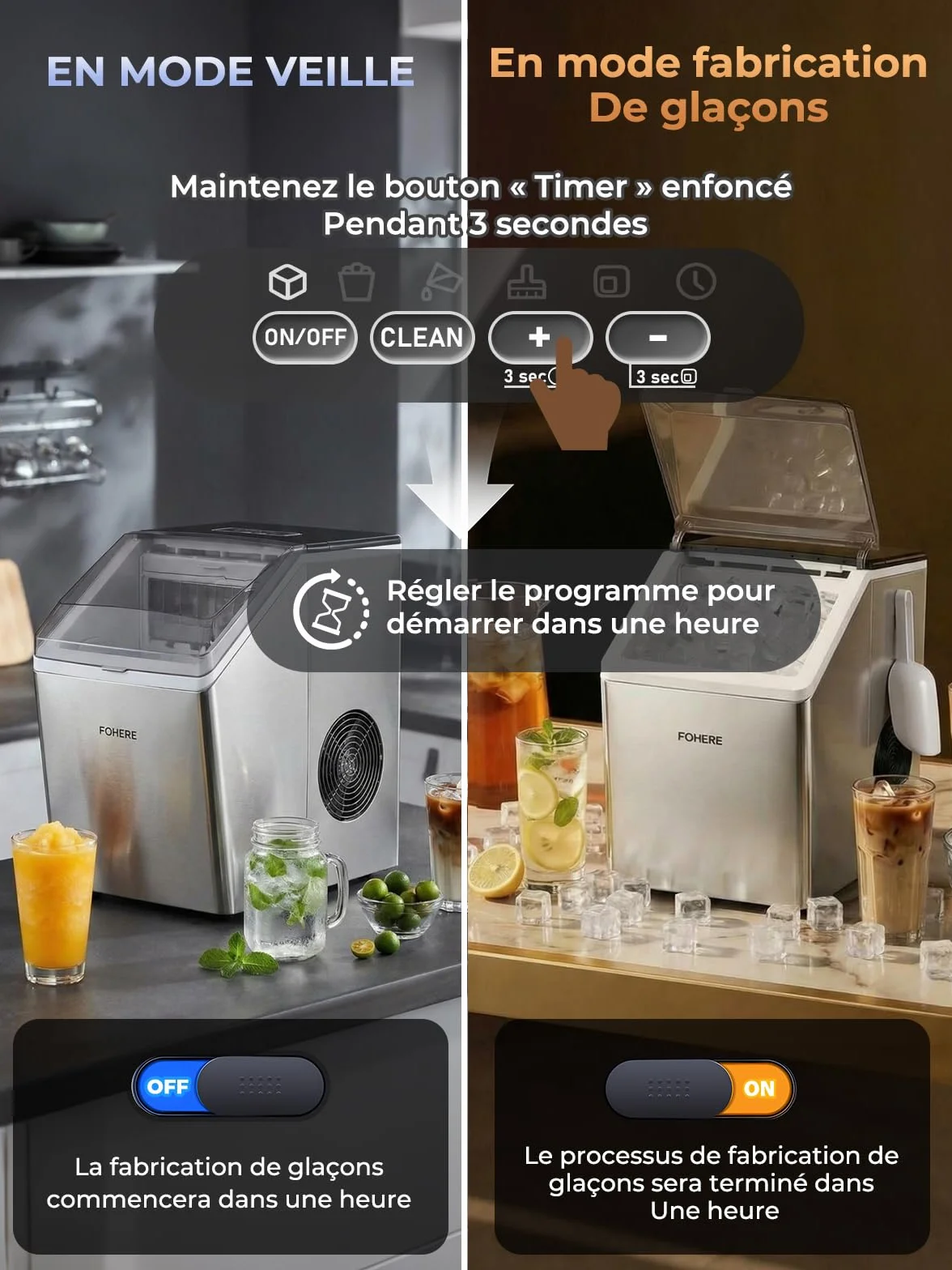 FOHERE Machine à Glaçons Acier Inoxydable 24kg/24h 24 Glaçons 10-15 Min Réservoir 3,2L Auto-Nettoyage Dégivrage Double Alimentation Eau 40 dB