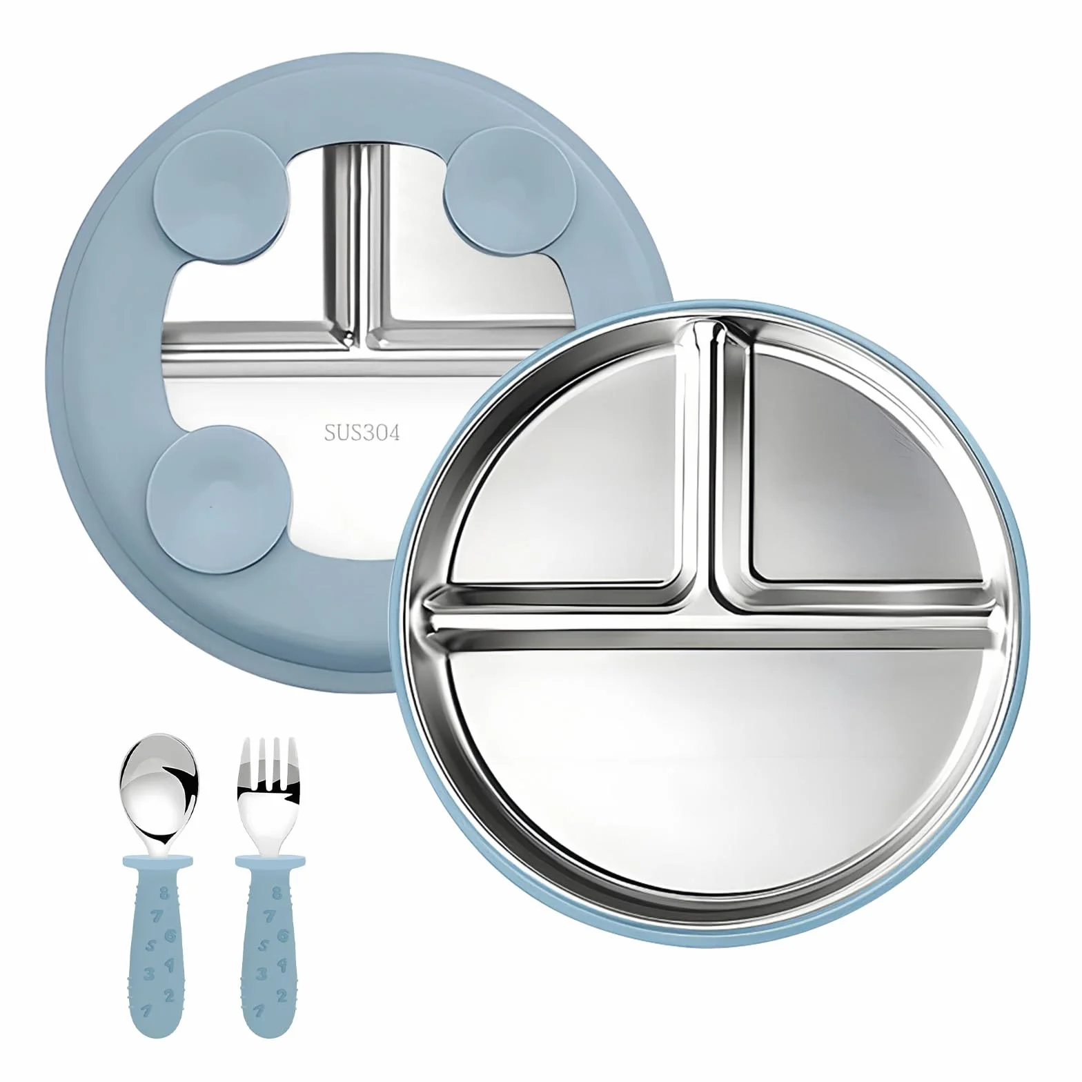 Assiettes Compartimentées Bébé Acier Inoxydable Ventouse Silicone Sans BPA Couverts Enfant