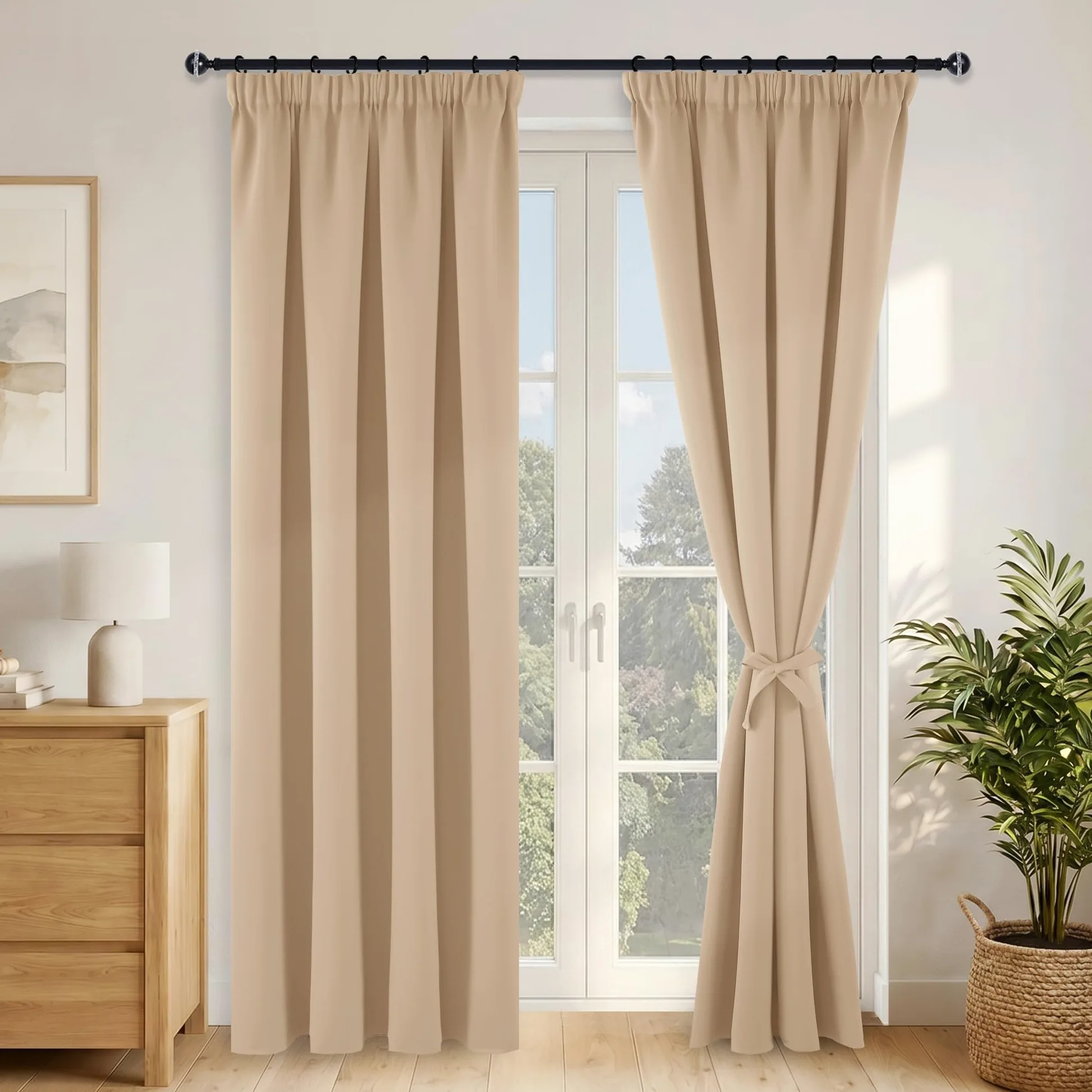Hiasan Rideaux Occultants avec Galon Fronceur, 245 x 140cm (L x H), Beige | Thermiques et Protection anti Froid, Opaques pour Salon et Chambre à Coucher avec Embrasses, 2 Pieces