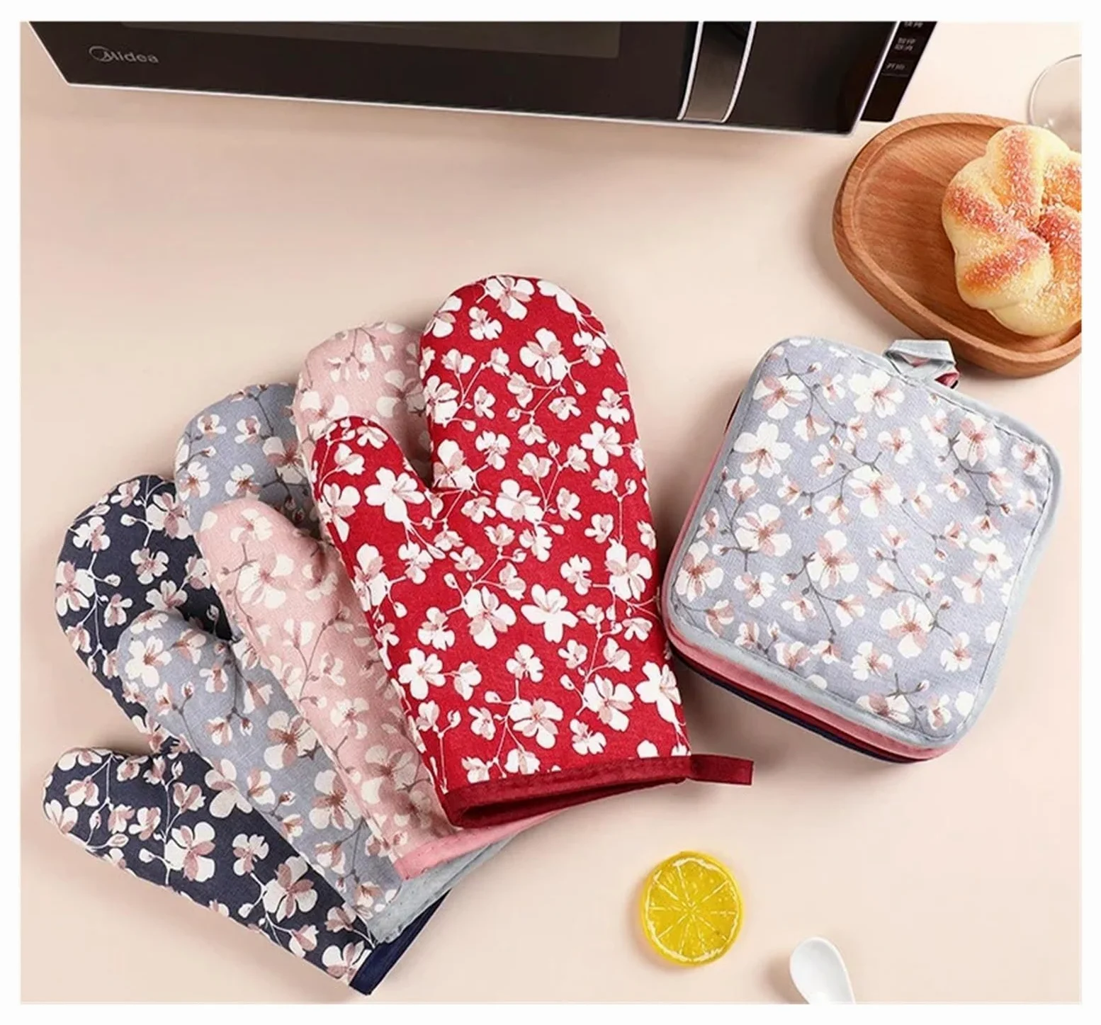 MRKU Gants de Cuisine, maniques, Gants de Four, isolants pour Micro-Ondes, résistants aux Hautes températures, en Coton, Anti-brûlures (Ensemble)