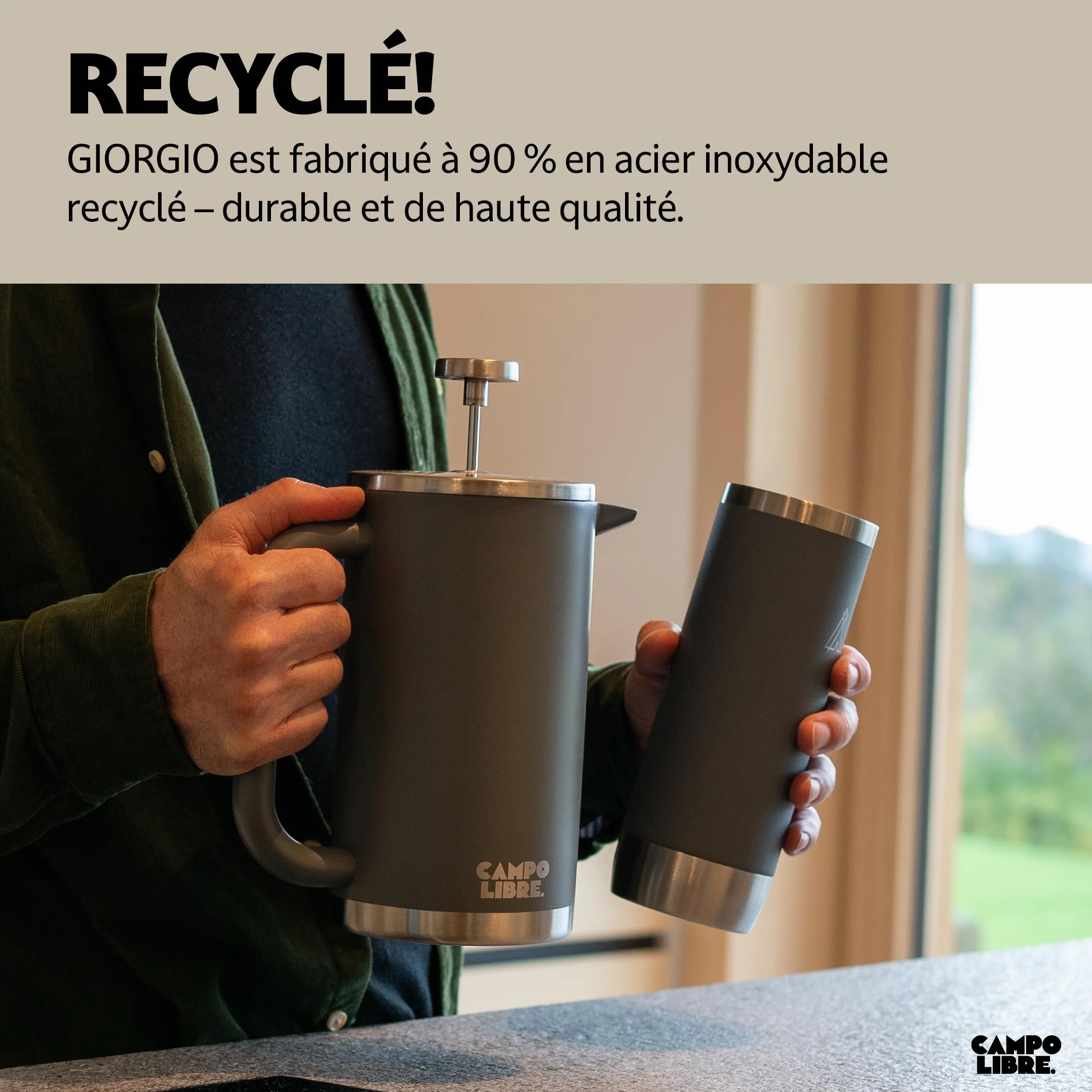 Campo Libre GIORGIO Cafetiere a Piston en Acier Inoxydable Recyclé Double Paroi Isotherme French Press 1000ml 1l