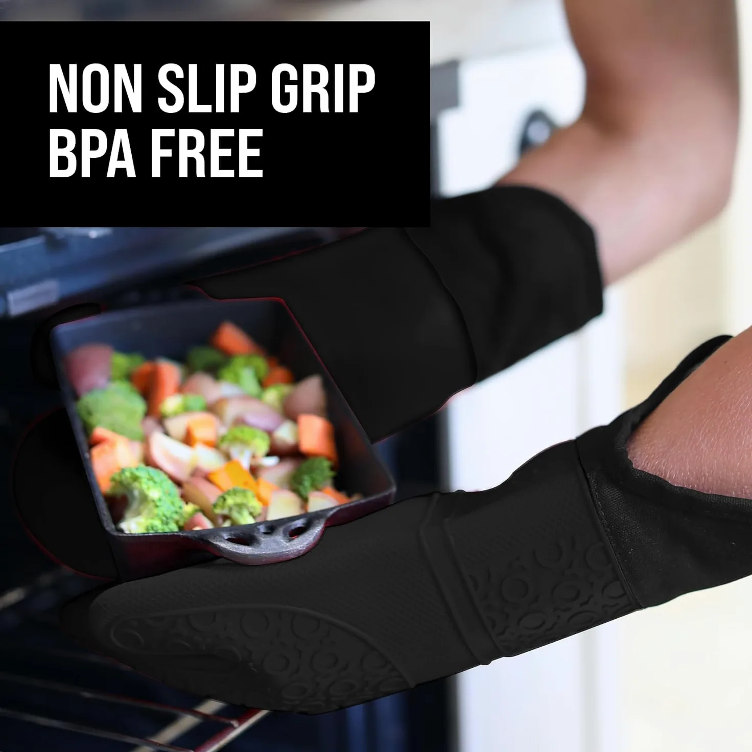Gant de cuisine professionnel extra long en silicone - 1 paire - Gants de cuisine avec revêtement matelassé - noir