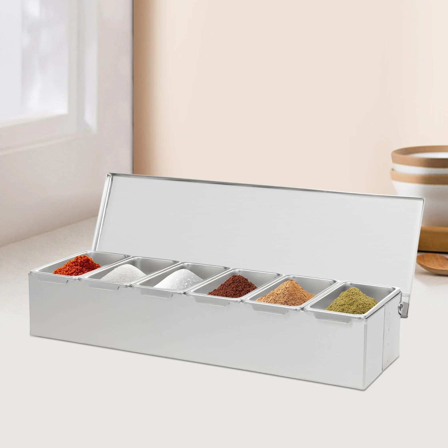 Boîte à épices acier inoxydable 6 grilles compartiments amovibles pour buffet bar salade restauration