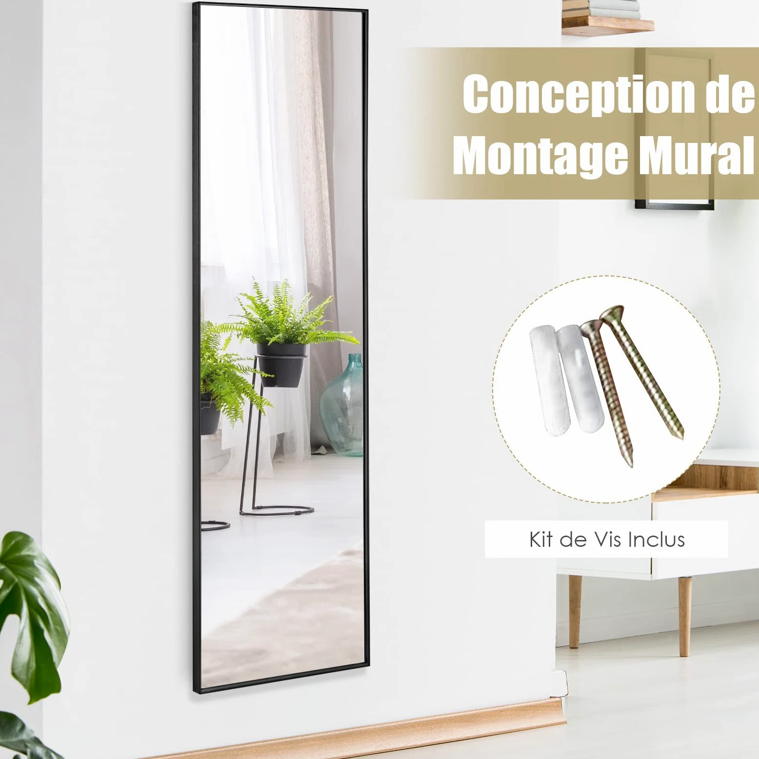 COSTWAY Miroir 120 x 37 cm Au-Dessus de la Porte, Miroir Pleine Longueur Cadre en Alliage d'Aluminium et Verre Incassable, Crochets pour Vestiaire Chambre Salon (Noir)