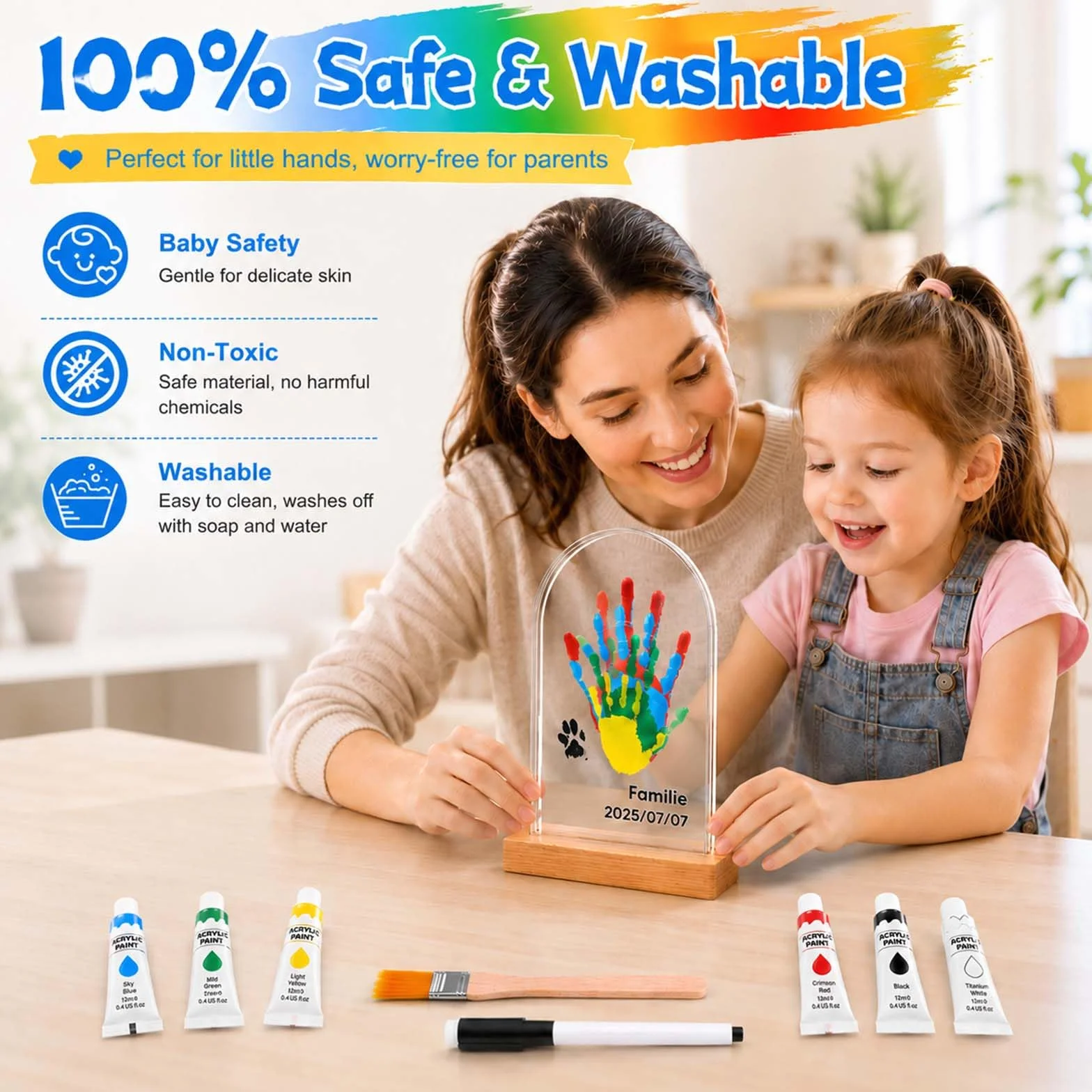 Kit Empreintes Familiales pour 5 Personnes, Peinture à Doigts Bébé Non Toxique, Cadeau de Naissance