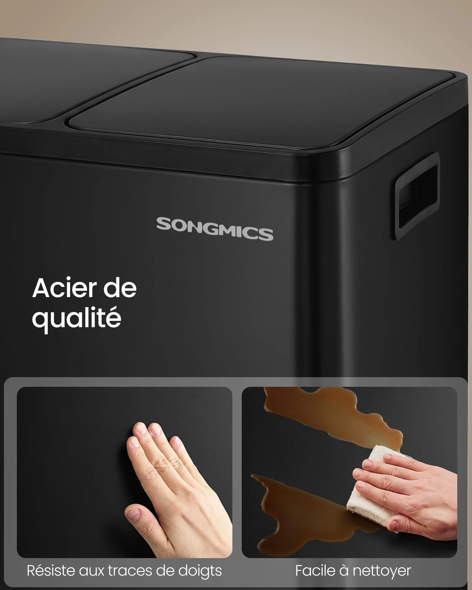SONGMICS Poubelle de Cuisine 2 x 30 L, Tri 2 Compartiments, Acier, Noir d'Encre LTB160BZ02