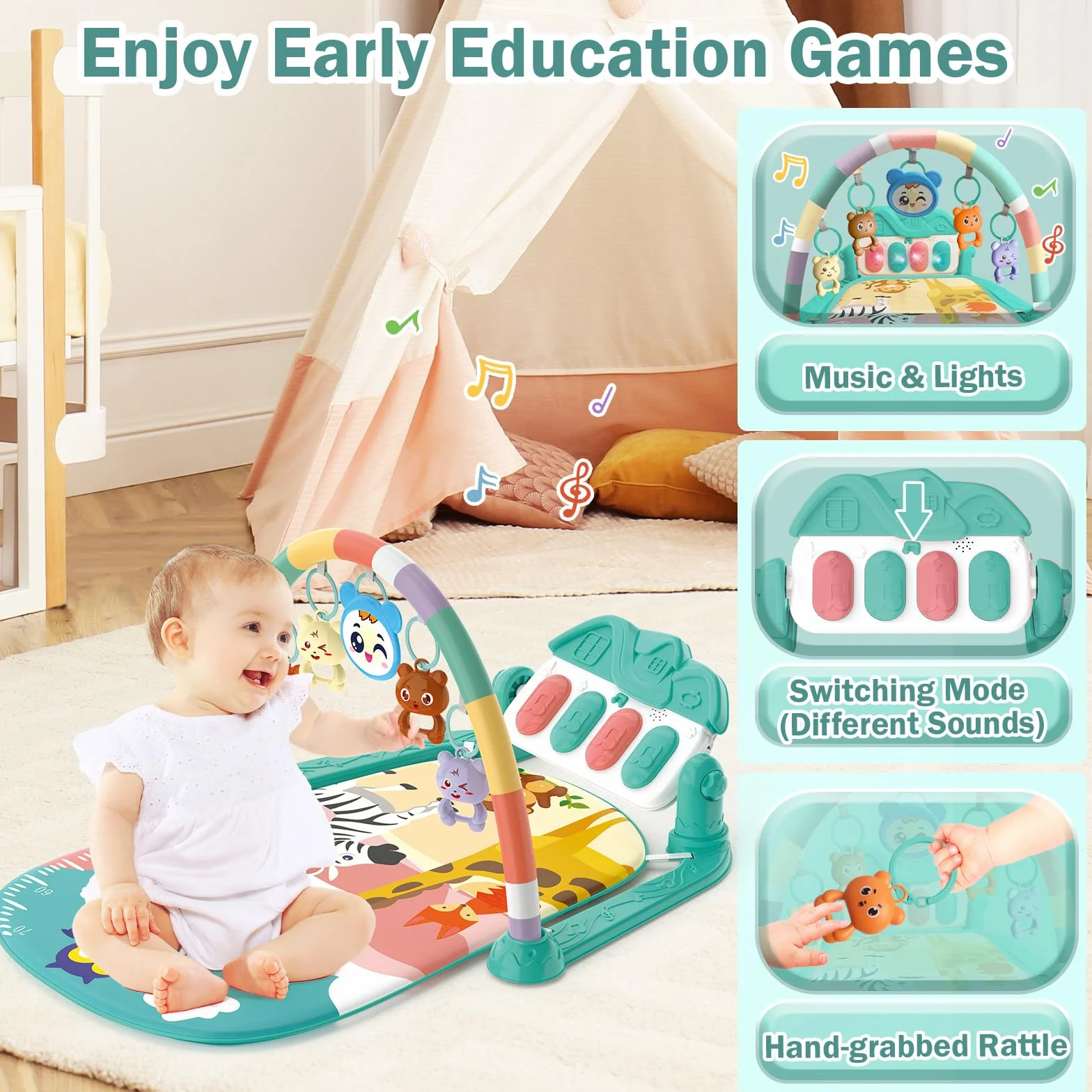 Tapis d'éveil Bébé 0-6 Mois avec Hochets et Musique de Piano, Tapis Sensoriel Motricité Vert