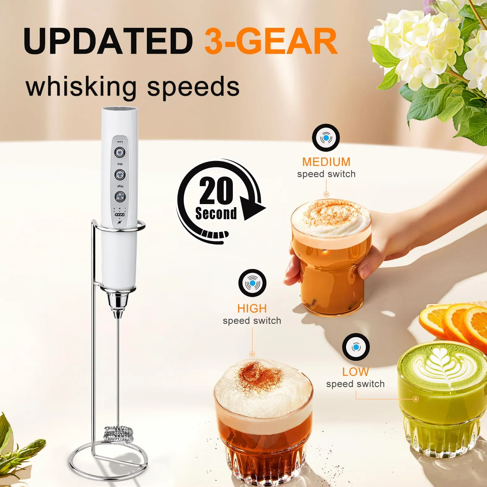 YUSWKO Mousseur à lait rechargeable pour café avec support, mélangeur portatif avec 3 têtes, 3 vitesses, agitateurs électriques pour latte, cappuccino, chocolat chaud, œuf – Blanc