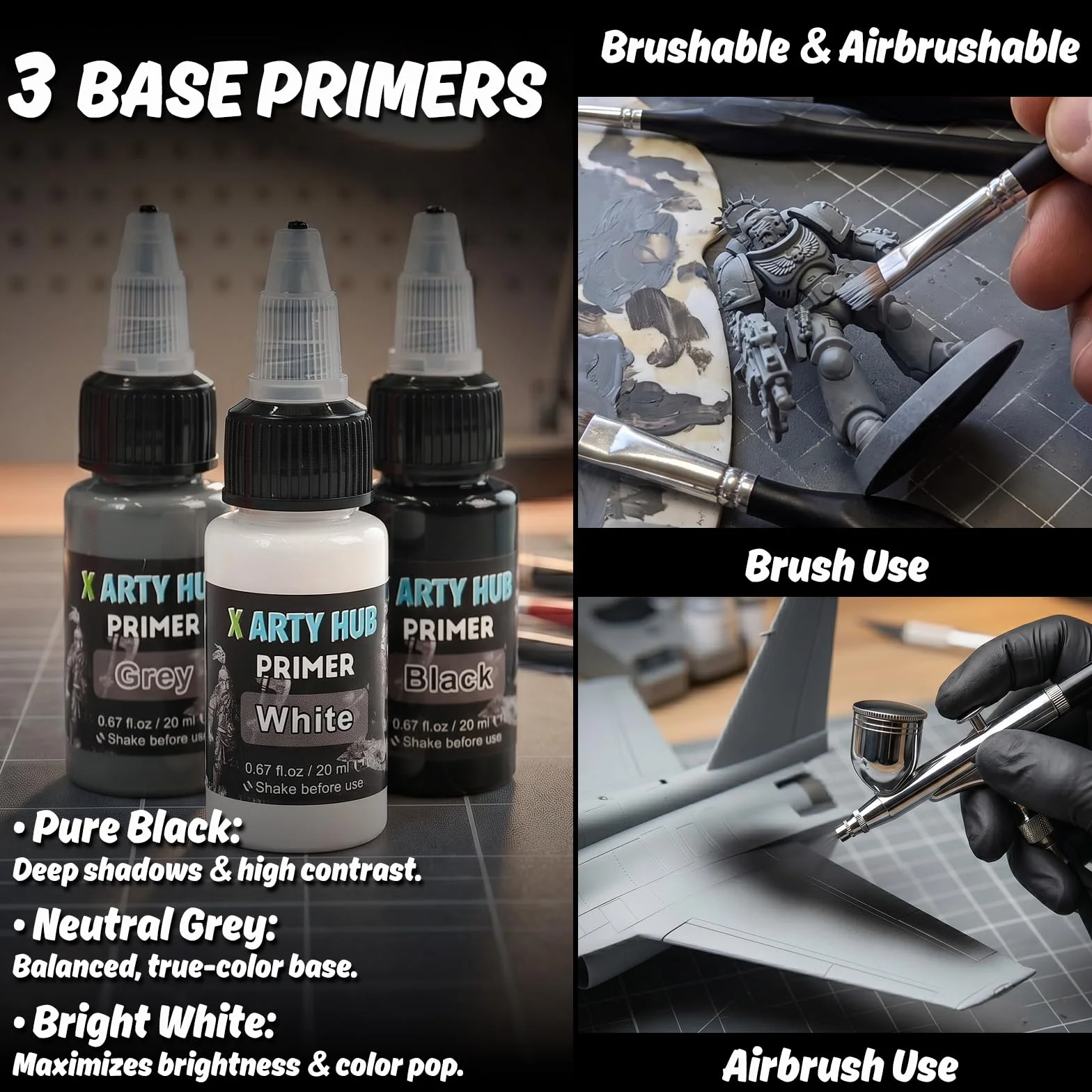 Kit de Peinture pour Maquettes avec Apprêts, Diluant et Pinceaux | 20 Peintures Acryliques, 3 Apprêts, 1 Diluant et 10 Pinceaux, Pinceau et Aérographe, pour Figurines, Miniatures & Modèles