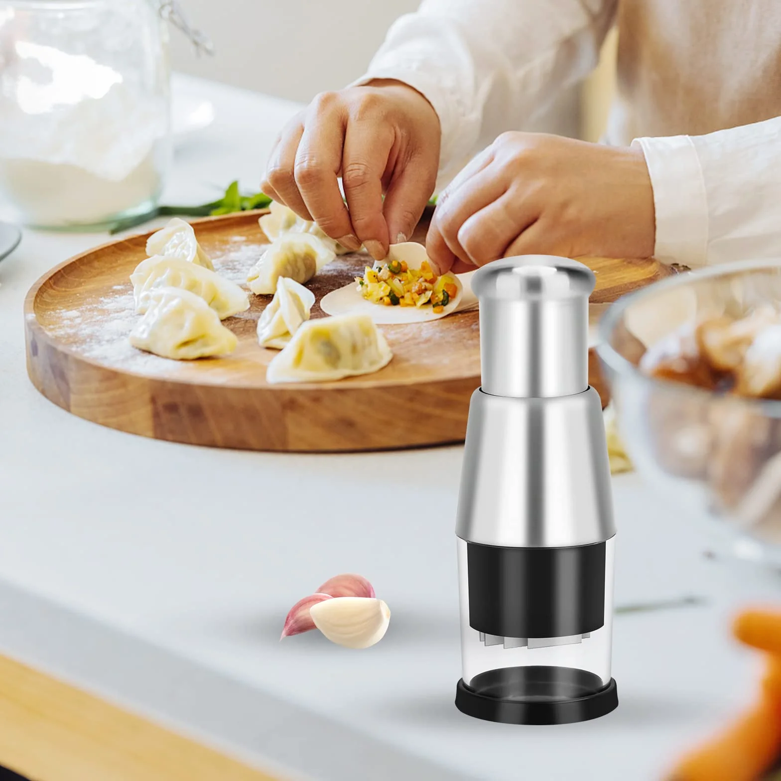Presse-Ail Inox Hacheuse d'Échalote Coupe-Oignon Manuel à Pousser Hachoir Gingembre Ustensile de Cuisine Noir