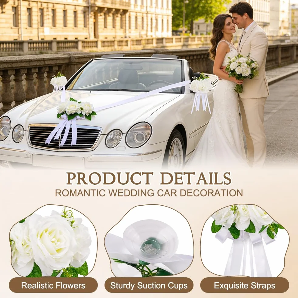 Déco Voiture Mariage Kit Décoration 3 Roses 4 Nœud 1 Tulle Ruban Adhésif