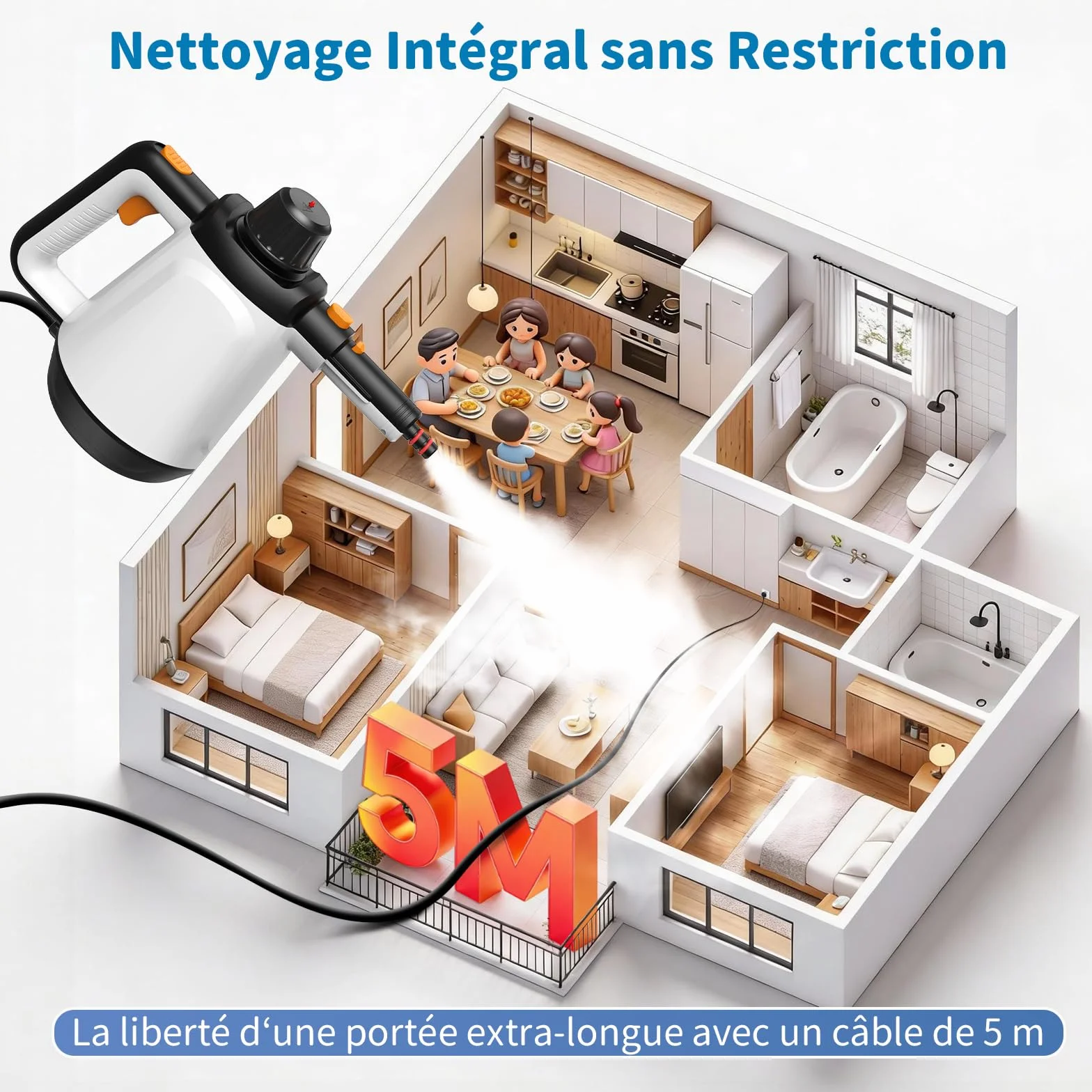 Nettoyeur Vapeur Portable 110℃ Vaporetto 10 Accessoires Câble 5m Blanc