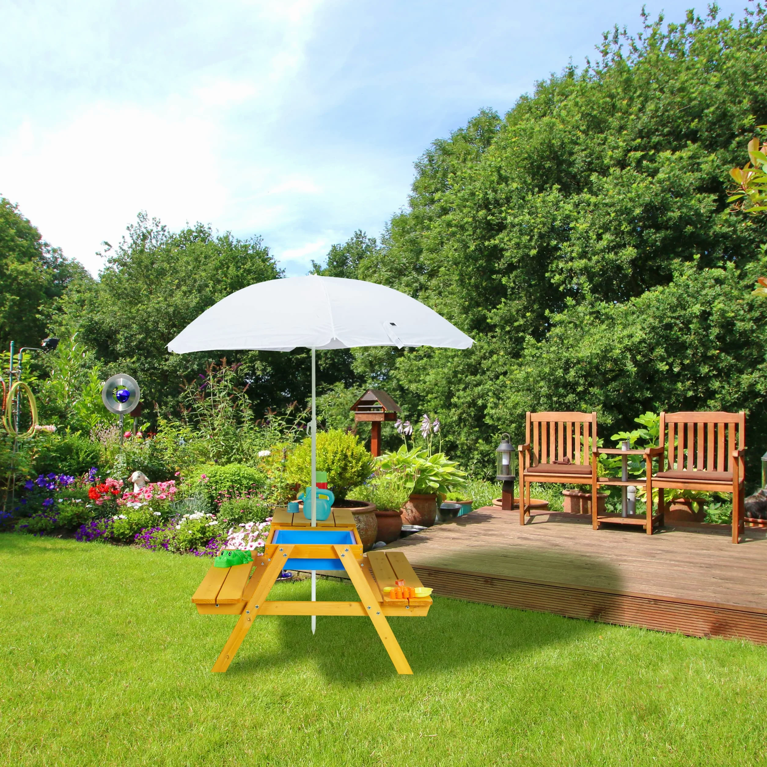 Relaxdays Table de Jardin pour Enfants, en Bois, bacs pour Jouer avec l Eau et Le Sable, Parasol Inclus, Orange
