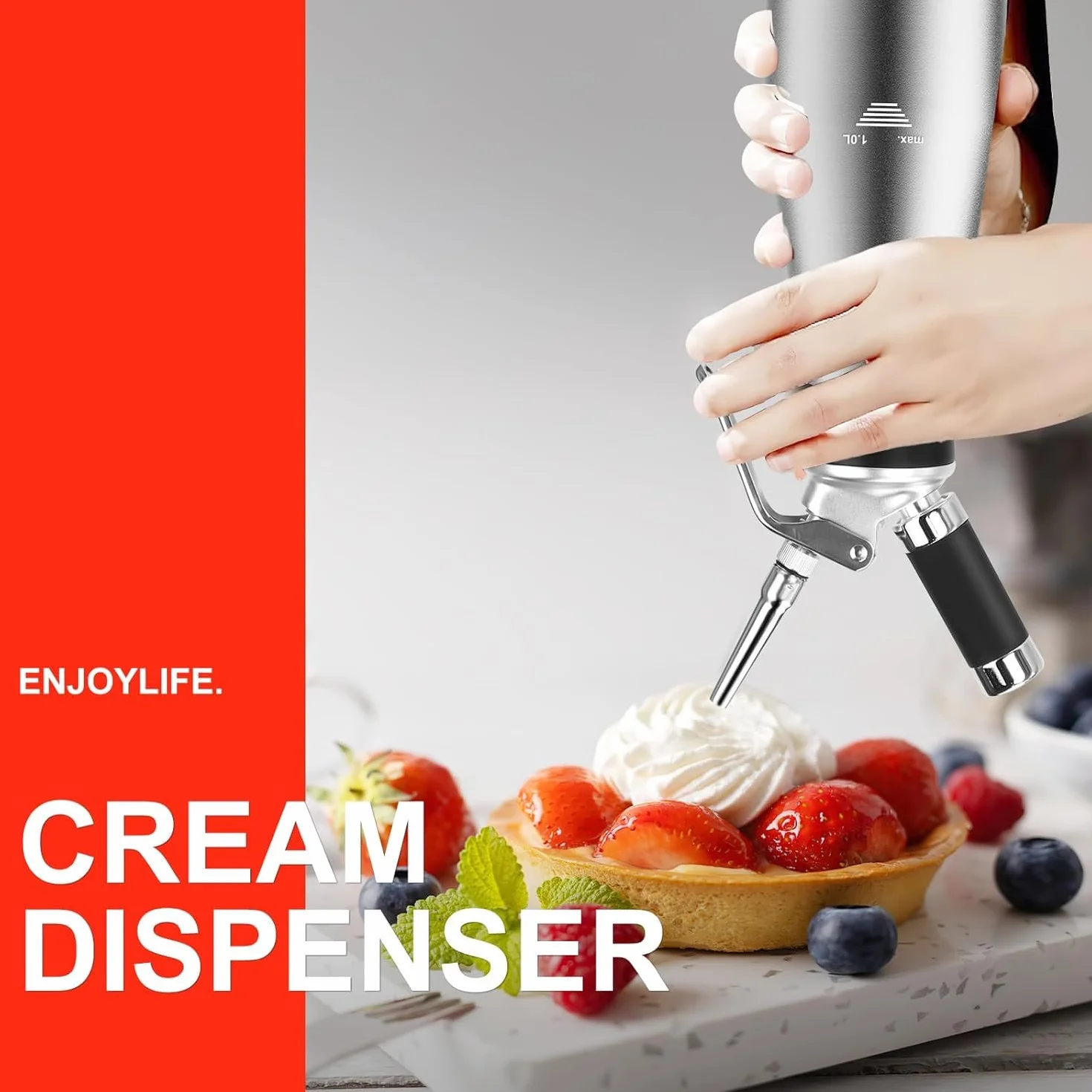 Siphon à chantilly en aluminium 1000 mL avec 5 douilles inox et 3 buses, pour pâtisserie