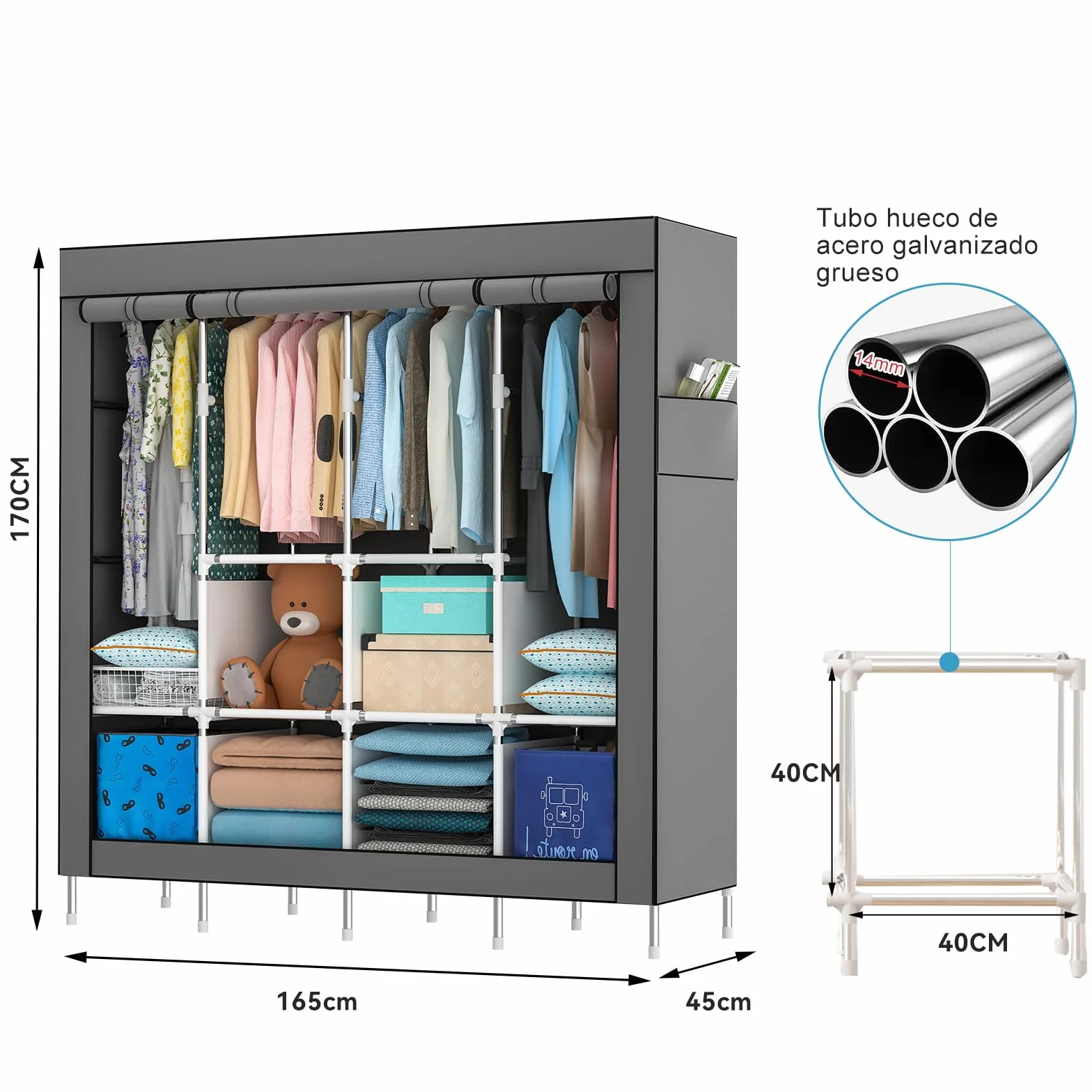 Mihoho Armoire à vêtements portable de 170 cm, organisateur de vêtements en métal, armoire autonome avec housse en tissu Oxford noir, 165 x 170 x 45 cm (gris, extra large)