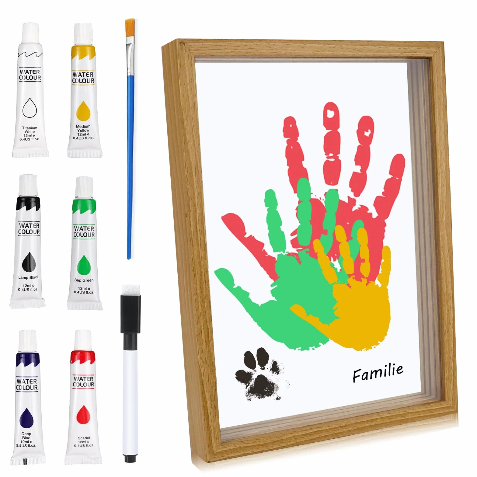 Kit Empreintes Bébé Mains & Pieds, Grand Cadre Bois 31 x 22,4 cm, Peintures Non Toxiques, Cadeau Naissance