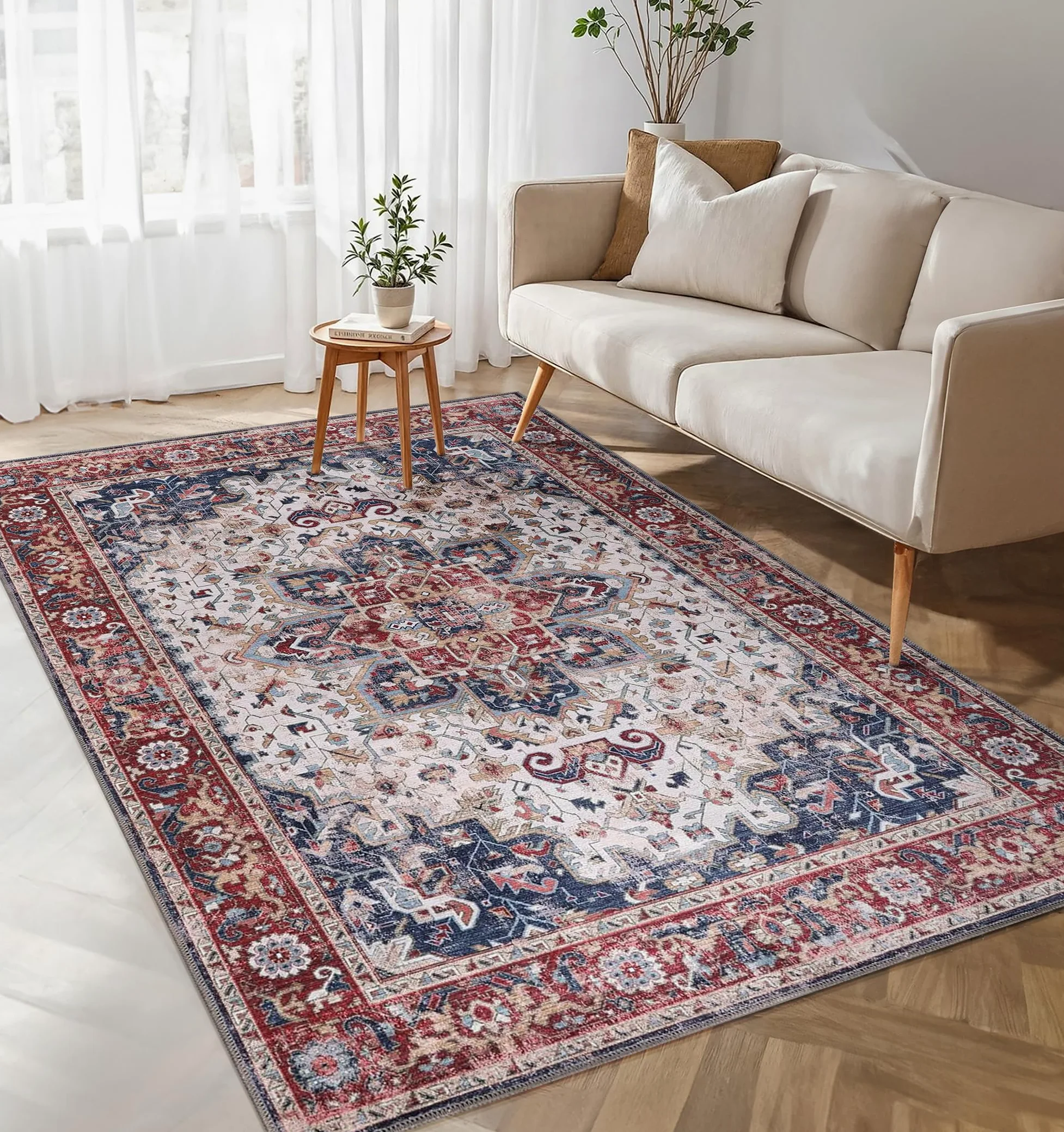 Tapis de salon lavable en machine - 80 x 150 cm - 4 mm d'épaisseur - Tapis chenille vintage avec envers en coton antidérapant - Tapis doux et lavable à poils courts pour chambre à coucher