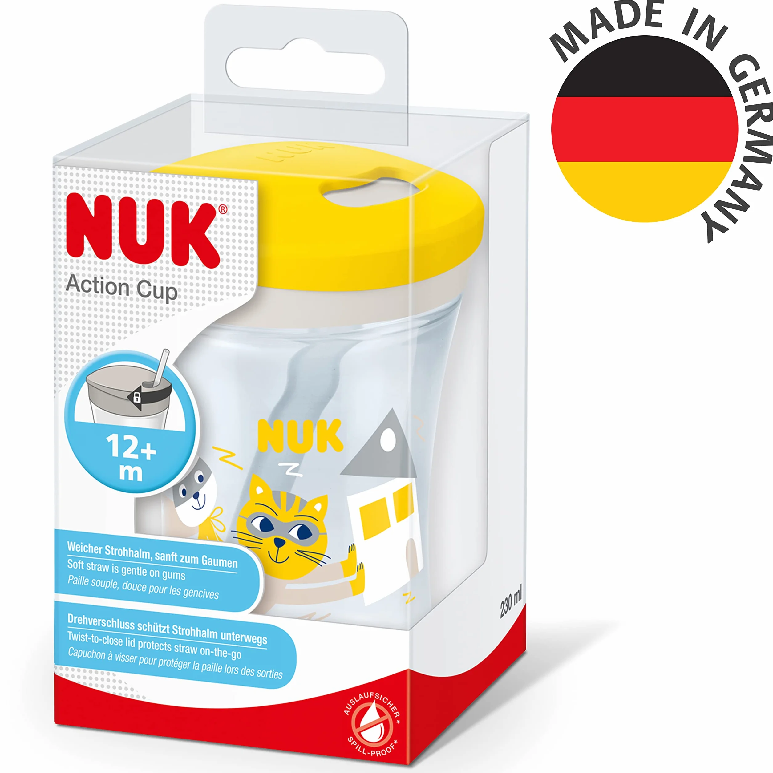 NUK Action Cup Tasse Enfant 230 ml Paille Souple Antifuites 12+ Mois Chat Jaune