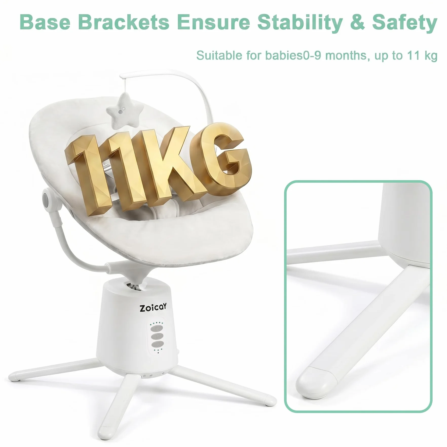 Transat Bébé Électrique Zoicay Balancelle 3 Modes Inclinaison Réglable Bluetooth Télécommande Blanc