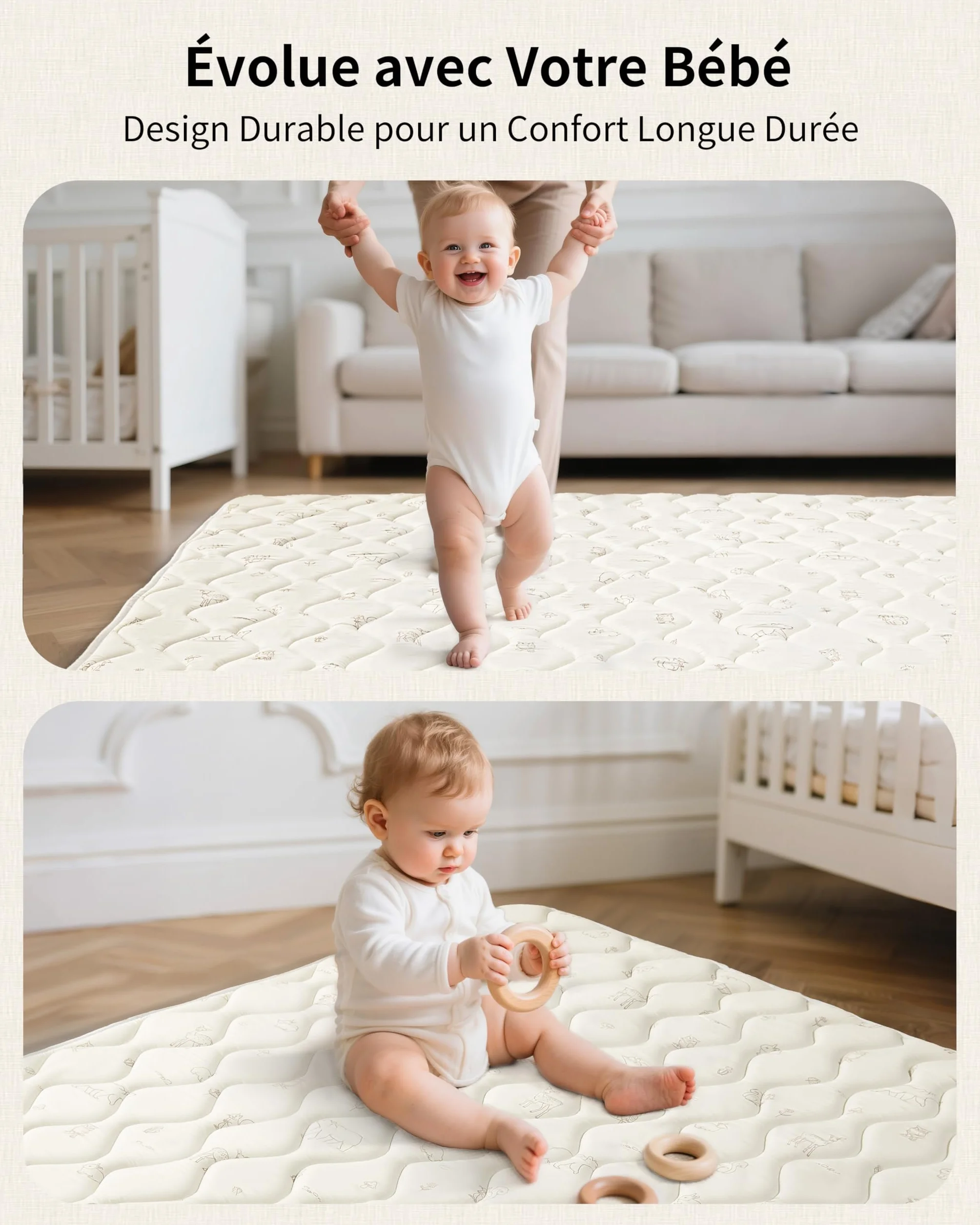 Tapis Bébé Pliable 120x120cm Antidérapant Matelas Mousse Lavable Motricité Sol Parc 0-24 Mois Forêt Beige