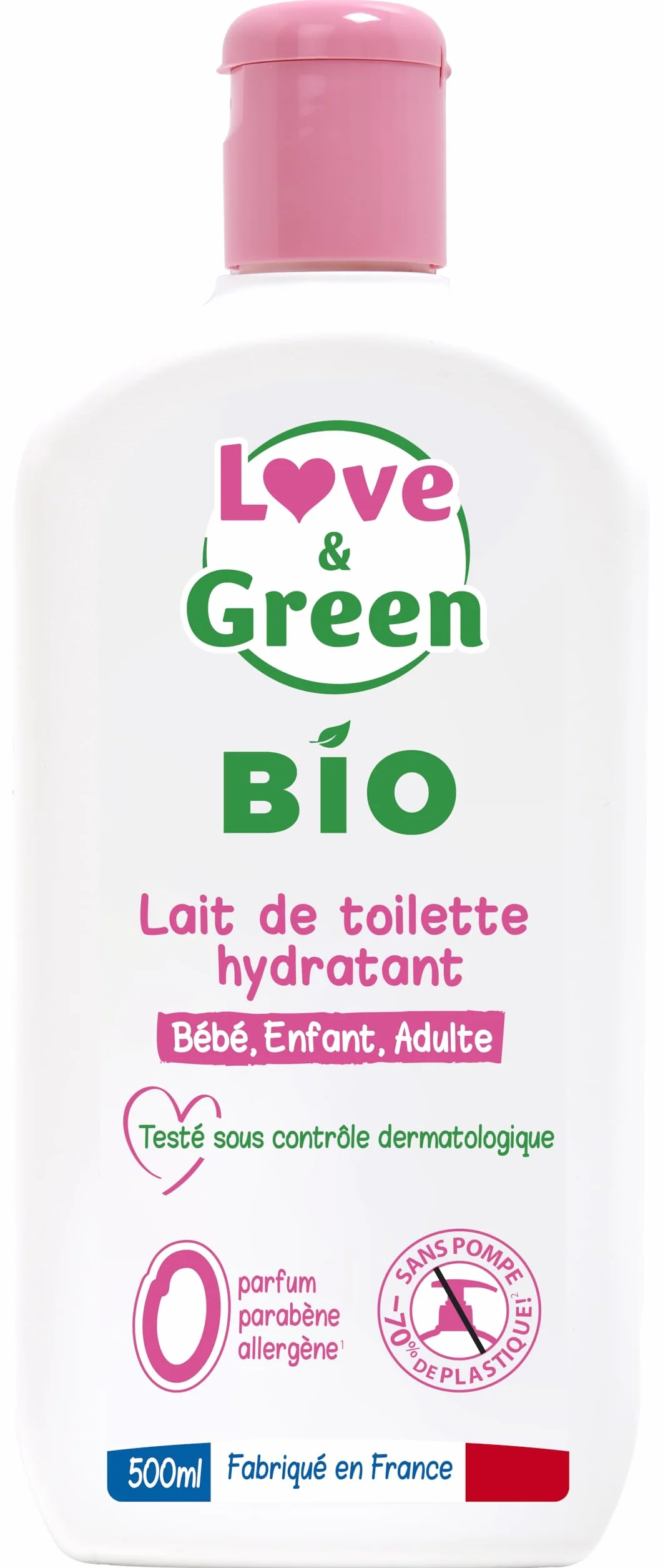 Love & Green Lait de Toilette Hydratant Bio 500 ml Fabriqué en France