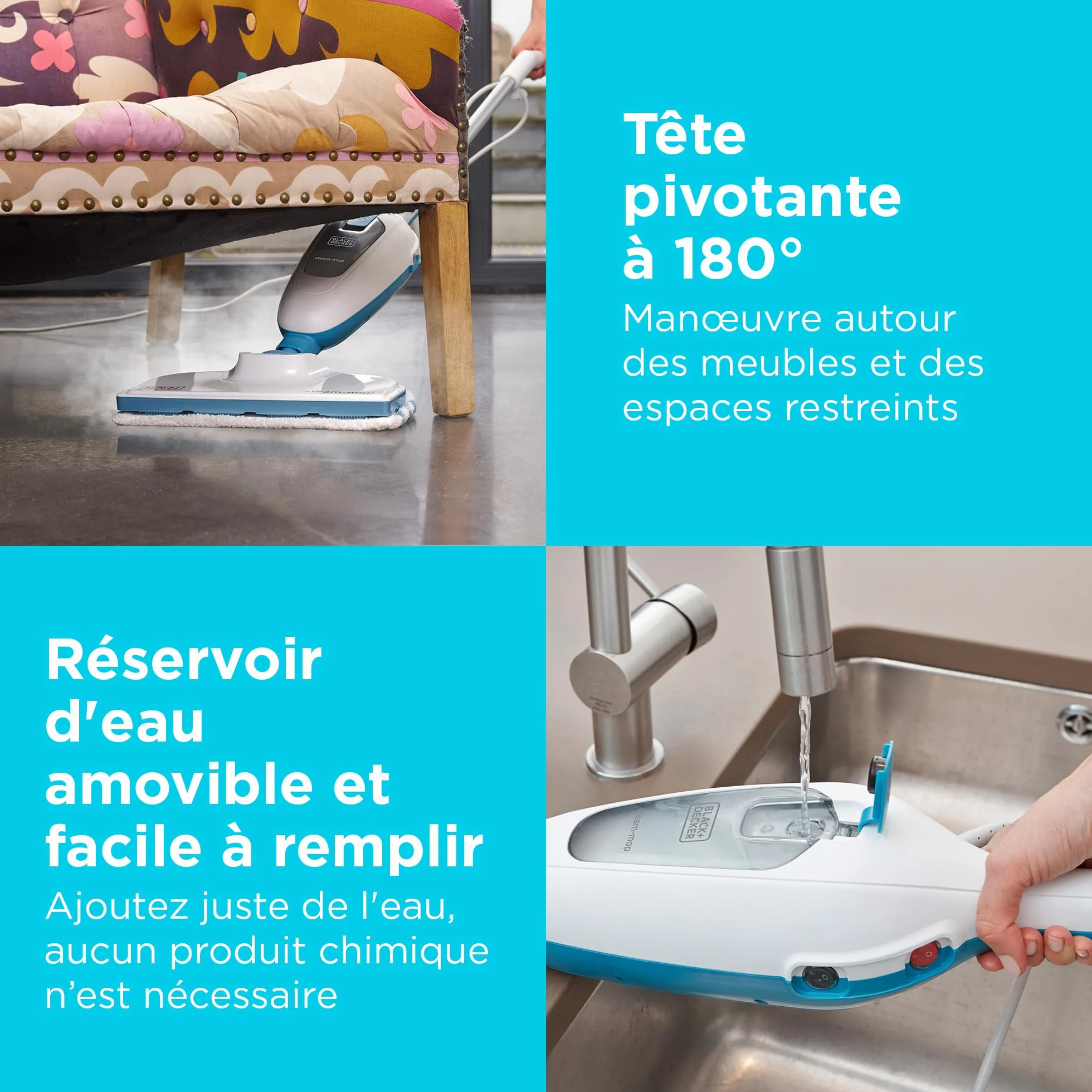 BLACK+DECKER FSMH13E5-QS Balai Vapeur 1300W avec Nettoyeur à Main et 5 Accessoires, Tête Pivotante 180°, Réservoir 350ml