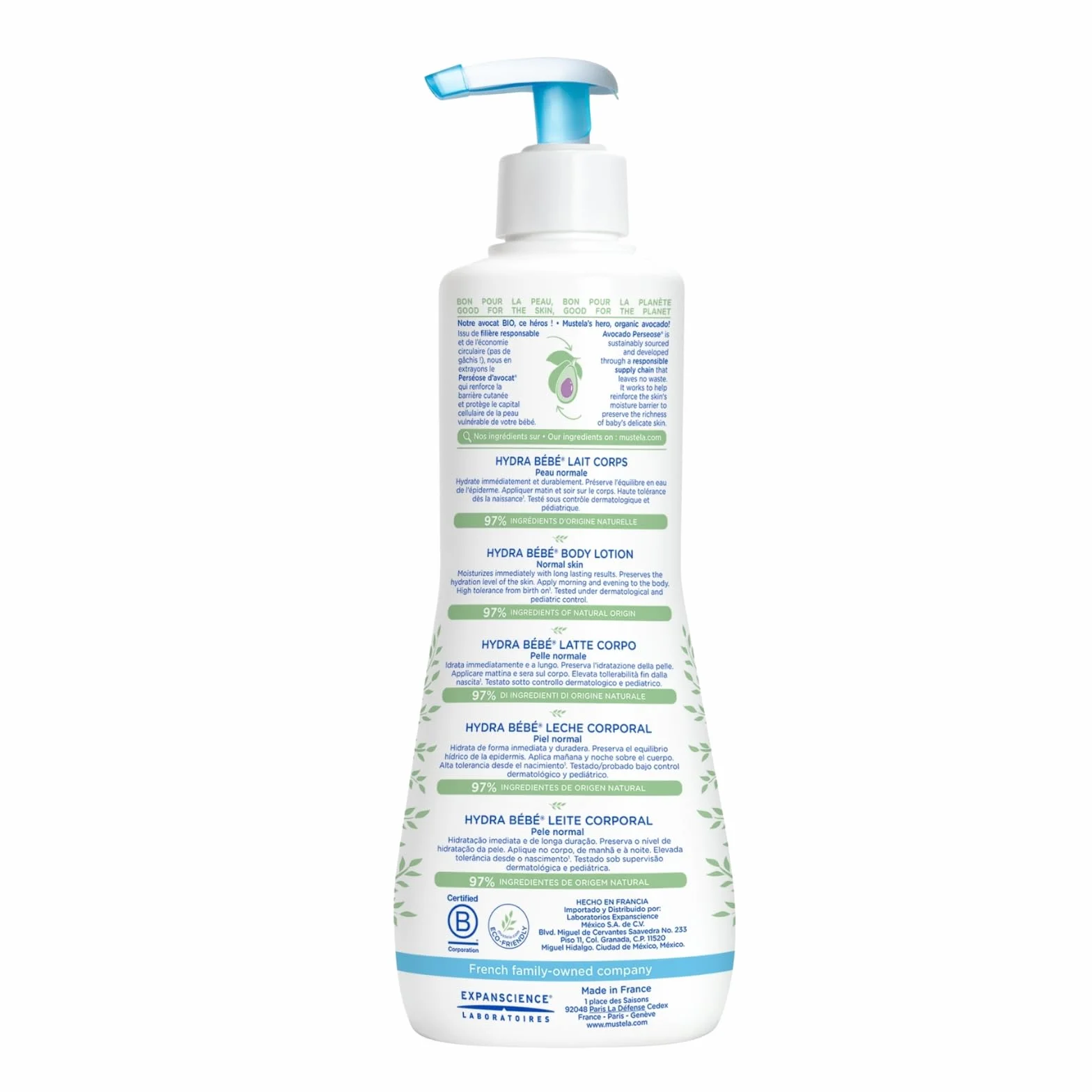 Mustela Hydra Lait Corporel 500ml – Bébé, Enfant, Famille – à la Perséose d'Avocat BIO & Vitamine E – Hydrate et adoucit la peau