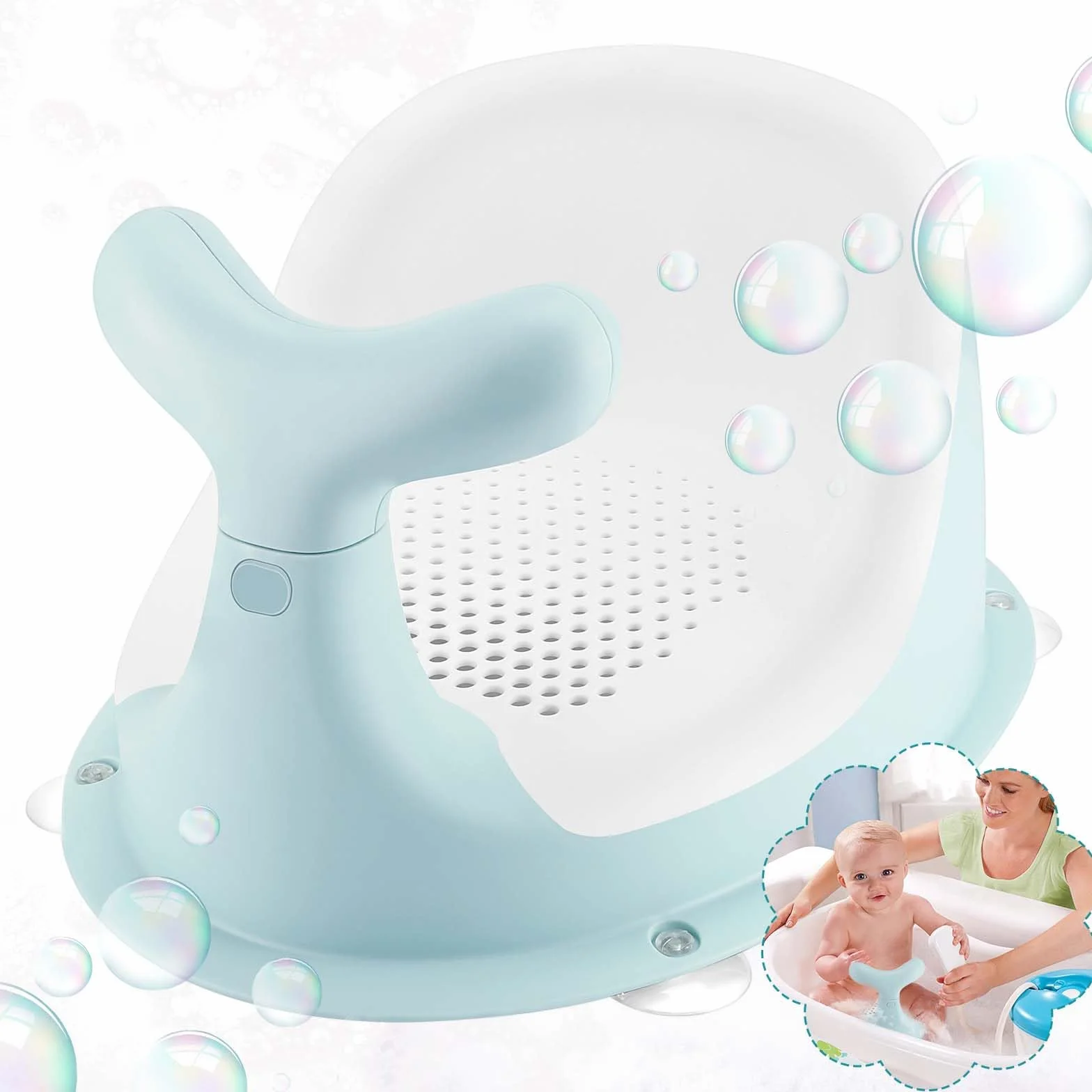 Chaise de Douche pour bébé, forme baleine, coussin silicone respirant, dossier ergonomique, 4 ventouses antidérapantes, 6 mois+ (vert)