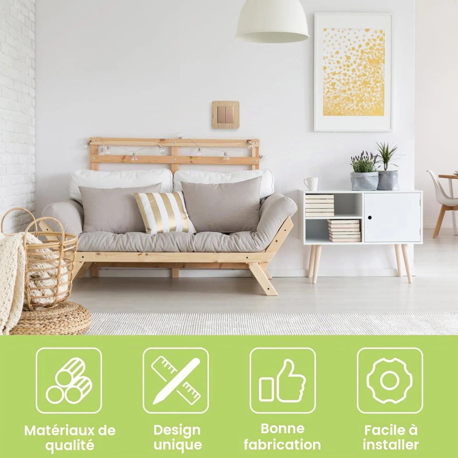 Caches de protection interrupteur mural à coller Lot de 4 Grain de bois Jaune clair