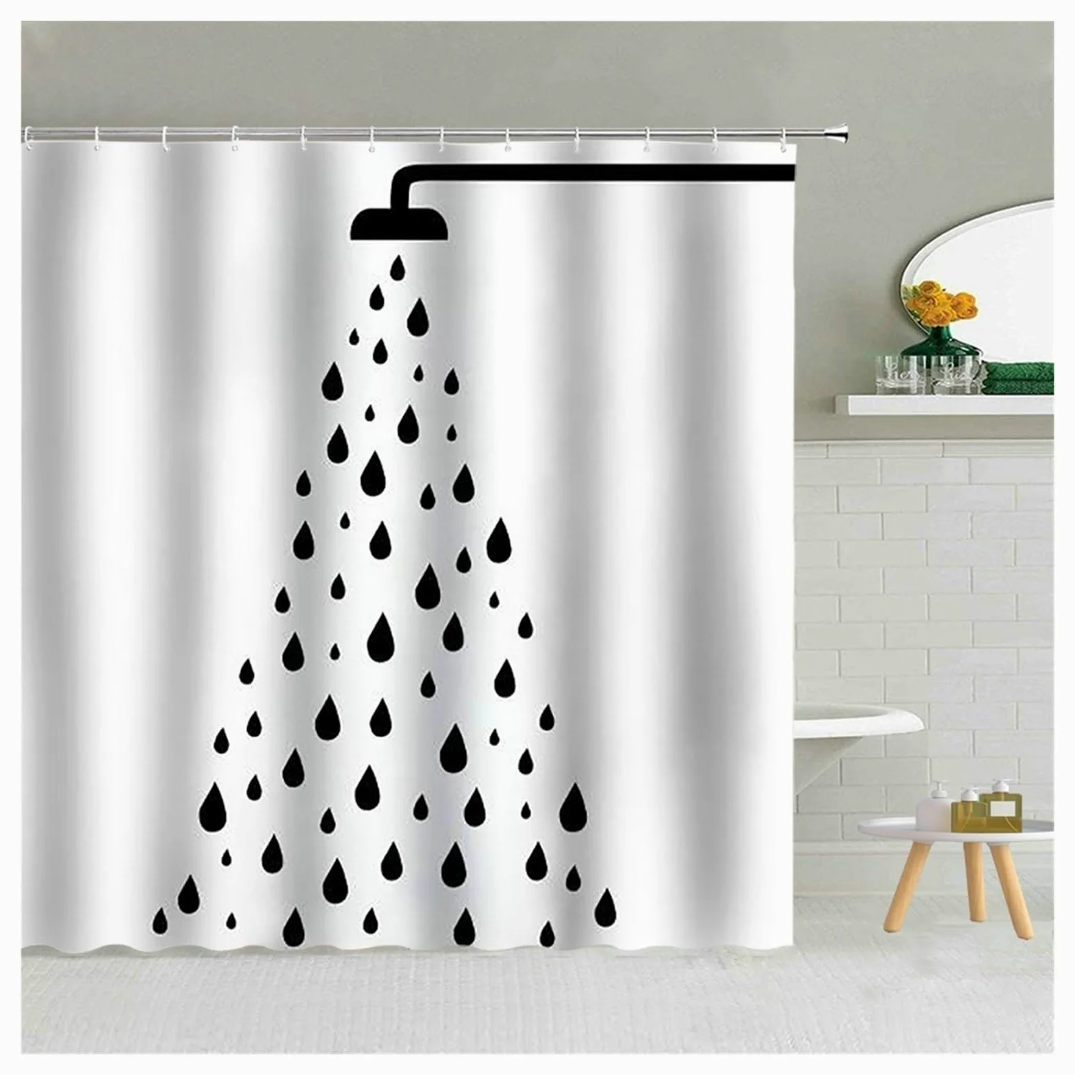 Rideau Douche Rideau de Douche Simple, Noir et Blanc, Motif de gouttelettes d'eau, en Tissu Polyester, for Salle de Bain, Suspendu, décoration de Maison(81994J,300x180cm-118x70in)