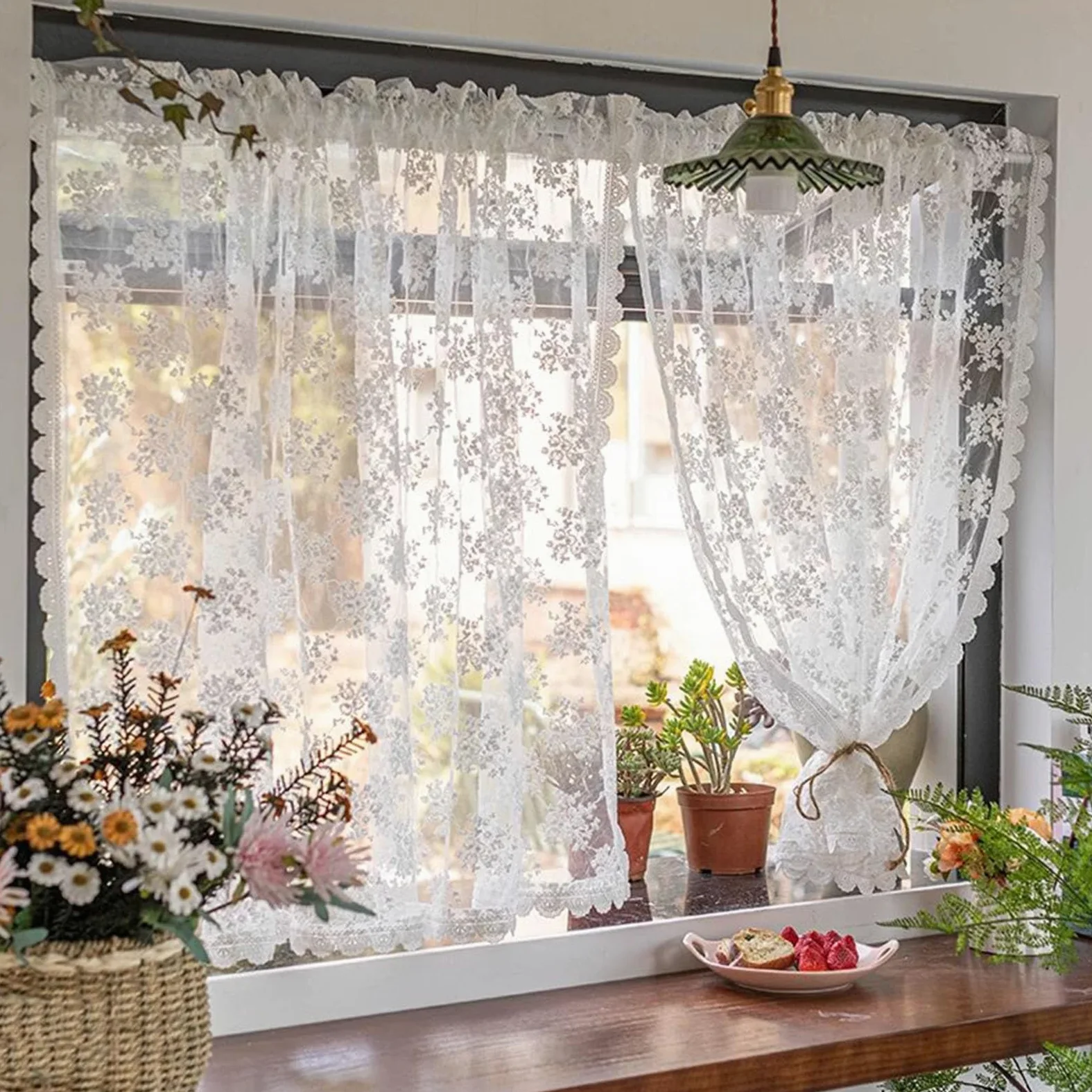 Rideaux en Dentelle Brodés Blancs de 130-270 cm de Long, Élégants Rideau Fenêtre en Voile Transparent Floral Rustique Passe-Tringle pour Salon(WxH130x150cm/51x59inch)