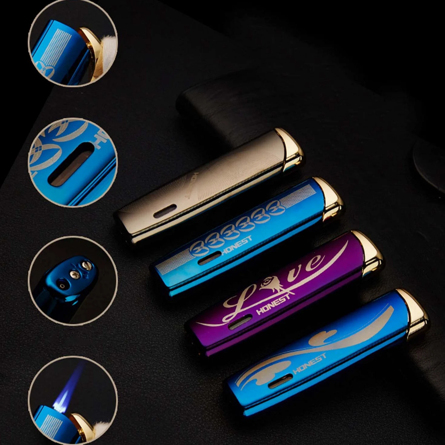Paquet de 2 Briquet en Métal à la Mode Forte Flamme Rechargeable avec Fenêtre de Niveau de Carburant Mini Cadeaux pour Hommes (Butane Non Inclus)
