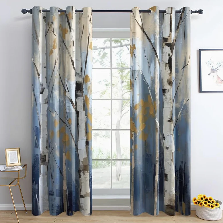 Rideau Occultant Bouleau, Rideau Isolant Thermique pour Salon Chambre, Rideaux Motif Arbre, Rideau Opaque à Oeillets, Lot de 2 Rideaux et Draperies Intérieurs 140x240 cm (LxH)
